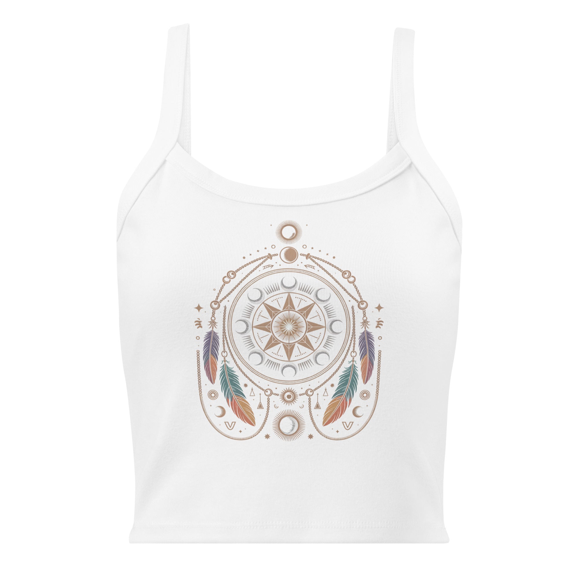 Débardeur unisexe blanc avec mandala lunaire, plumes et étoiles au recto, style bohème spirituel.