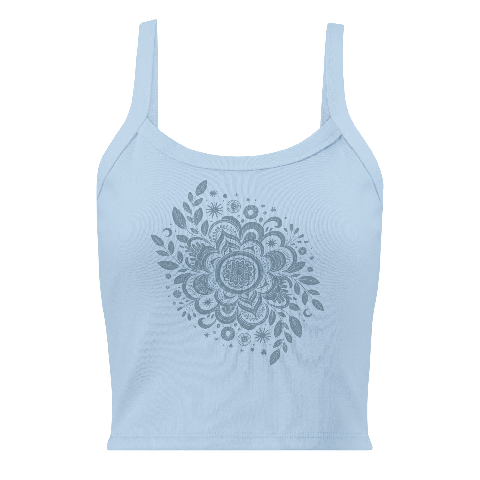 Débardeur unisexe bleu clair avec mandala lunaire, feuilles et étoiles au recto, style spirituel.