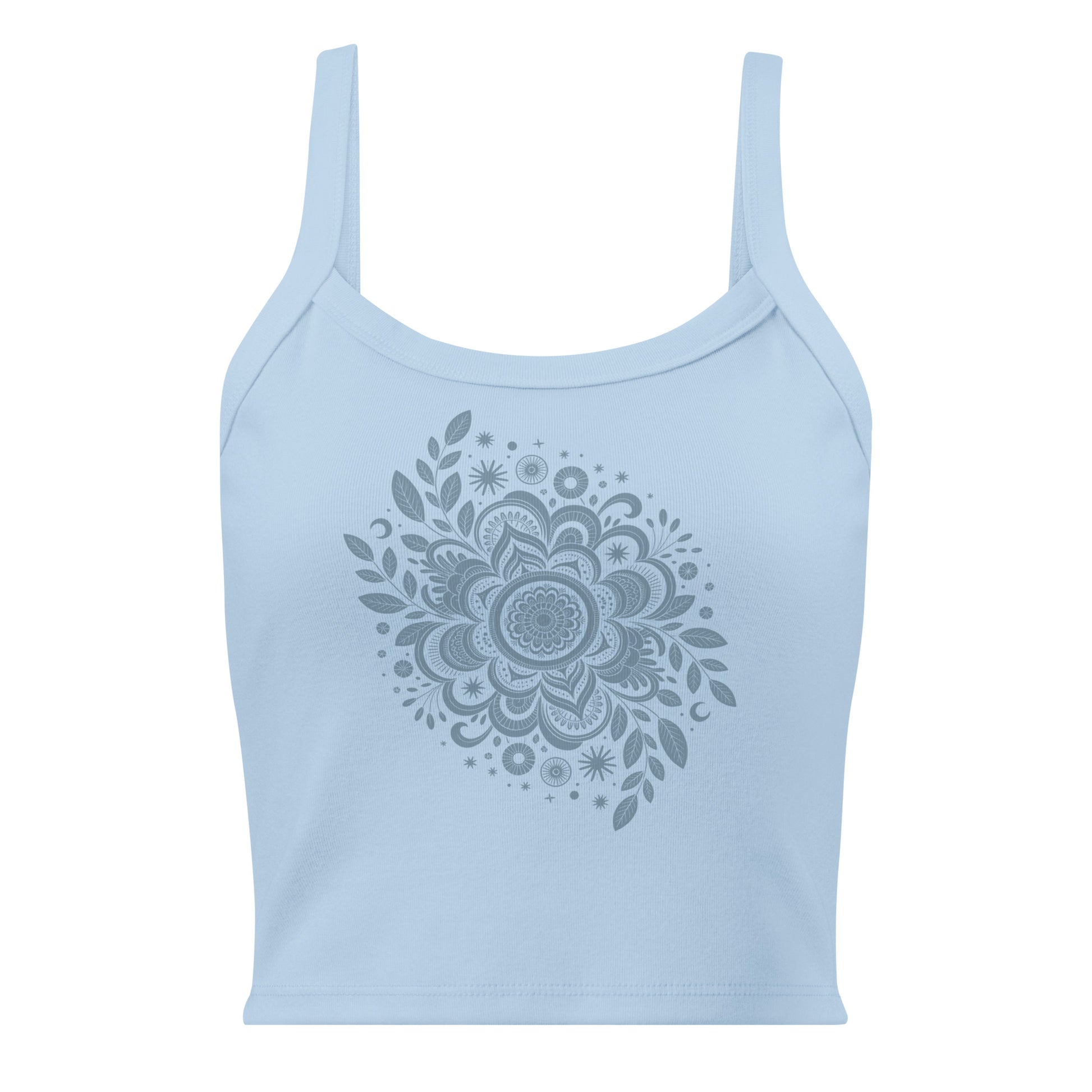 Débardeur unisexe bleu clair avec mandala lunaire, feuilles et étoiles au recto, style spirituel.