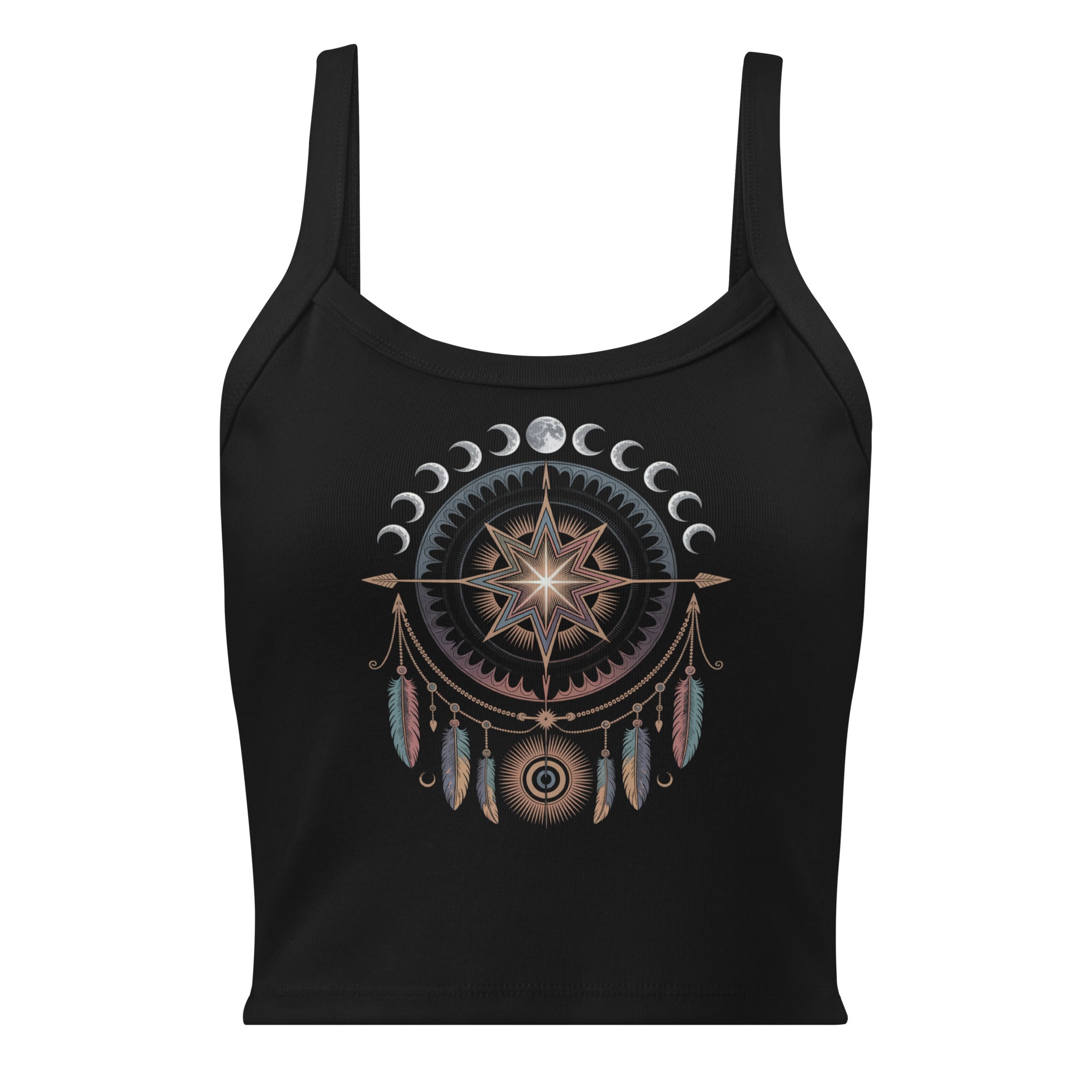 Débardeur unisexe noir avec mandala lunaire, étoile et plumes au recto, style bohème spirituel.
