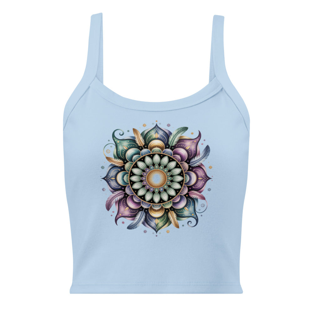 Débardeur unisexe bleu clair avec mandala multicolore et plumes au recto, style bohème spirituel.