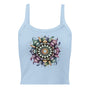 Débardeur unisexe bleu clair avec mandala multicolore et plumes au recto, style bohème spirituel.