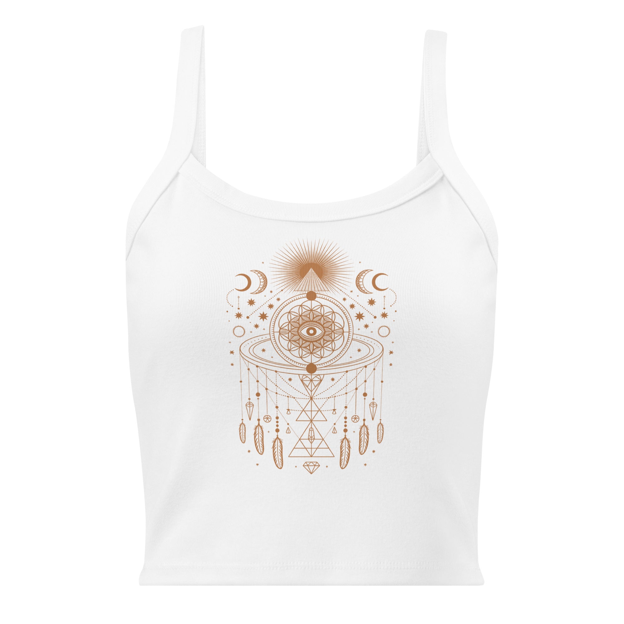 Débardeur unisexe blanc avec mandala sacré, œil et plumes au recto, style spirituel minimaliste.