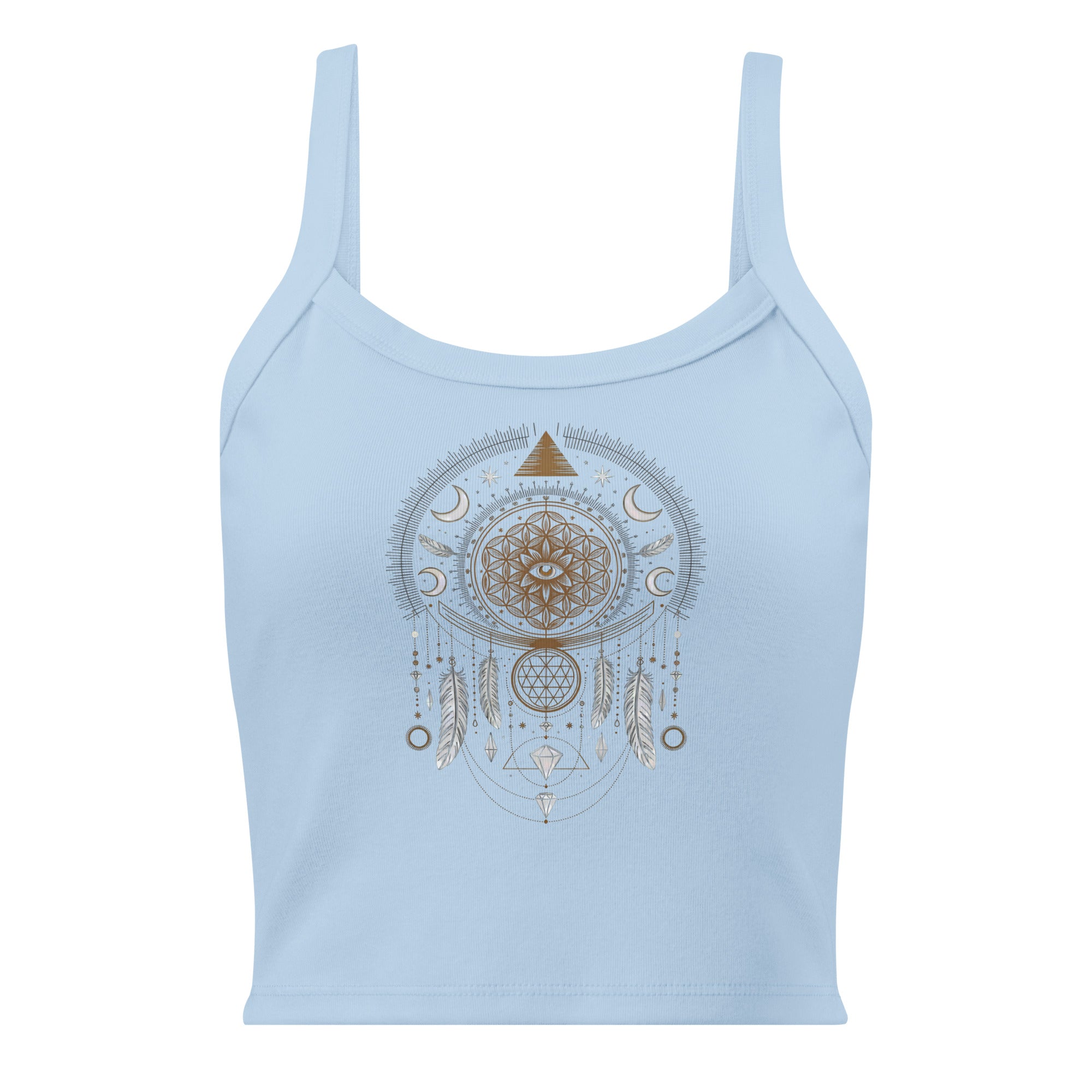 Débardeur unisexe bleu clair avec mandala sacré, œil, pyramide et plumes au recto, style spirituel.
