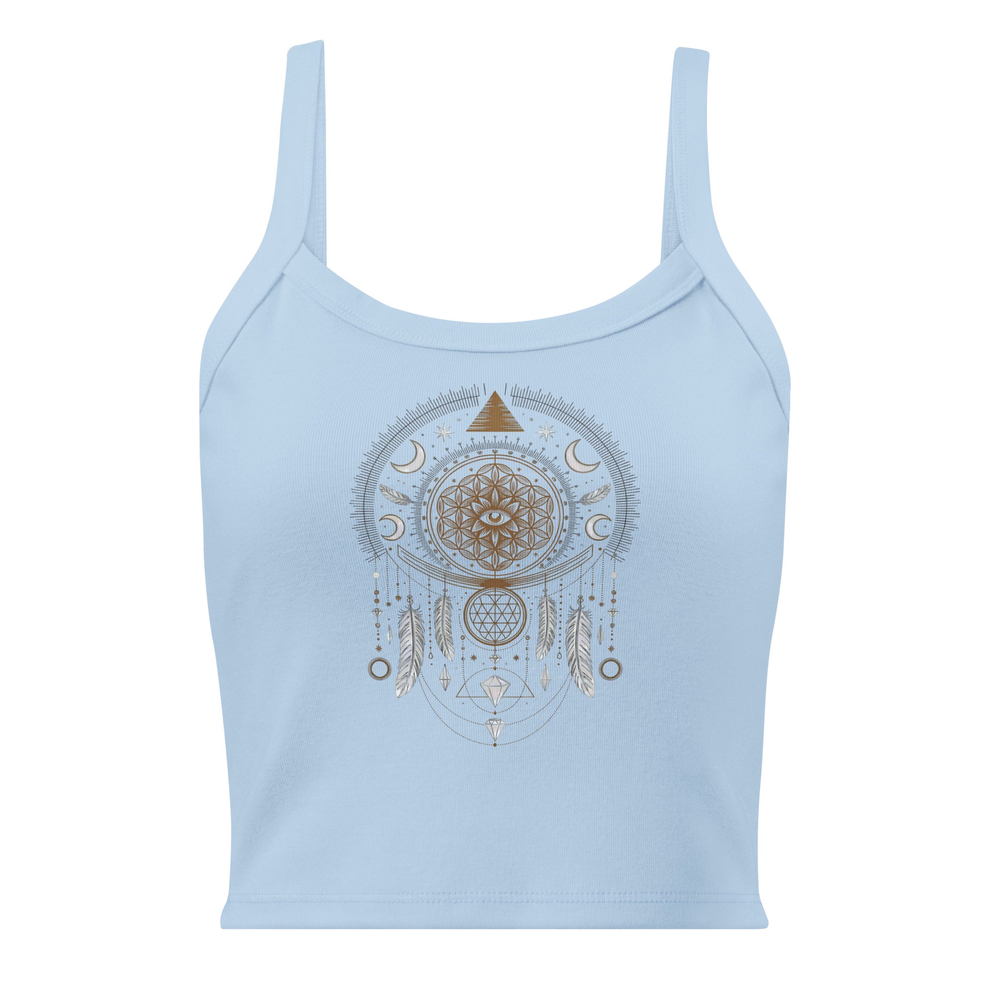 Débardeur unisexe bleu clair avec mandala sacré, œil, pyramide et plumes au recto, style spirituel.