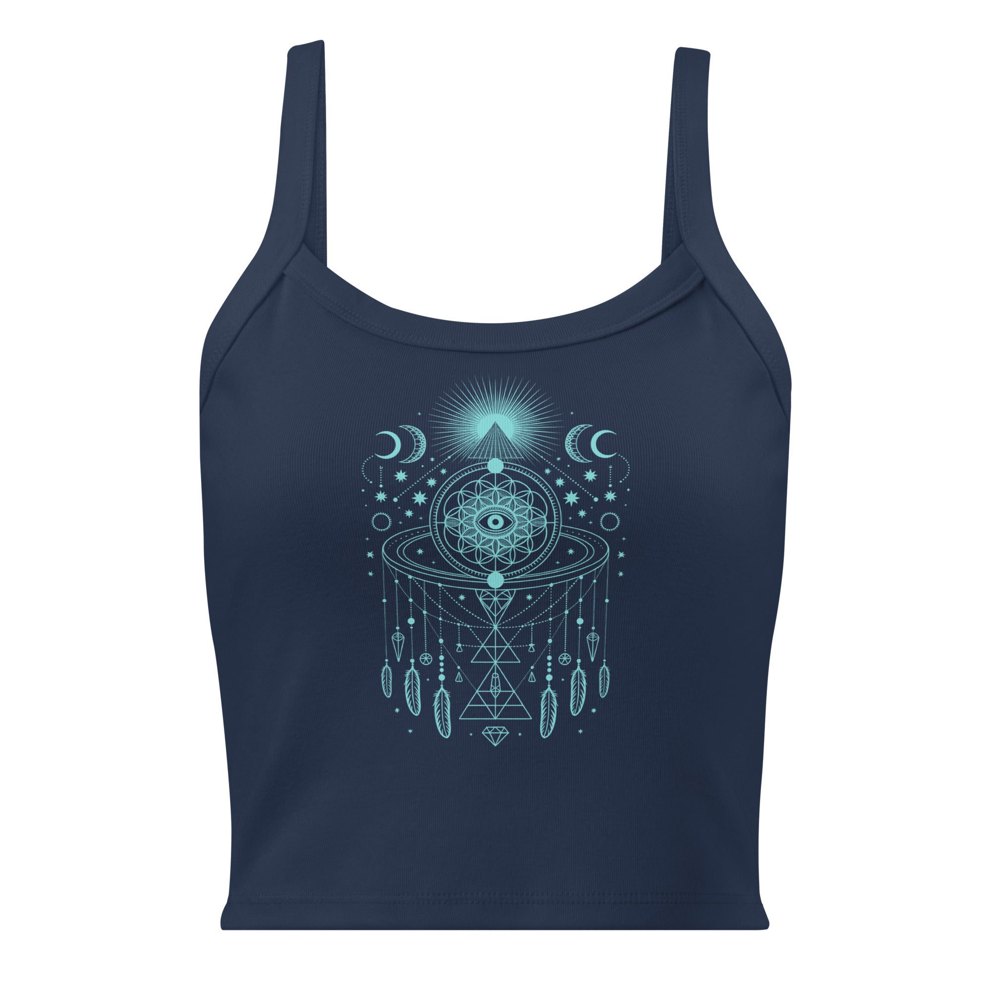 Débardeur unisexe bleu marine avec mandala sacré, œil et plumes au recto, style spirituel minimaliste.
