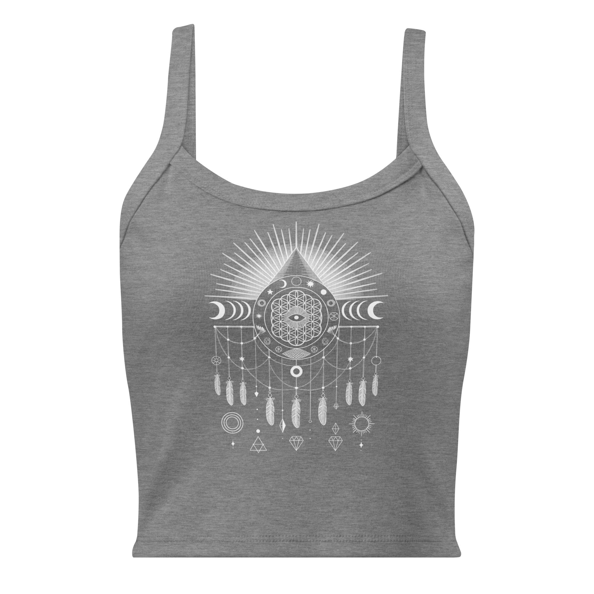 Débardeur unisexe gris avec mandala sacré, œil et plumes au recto, style spirituel minimaliste.