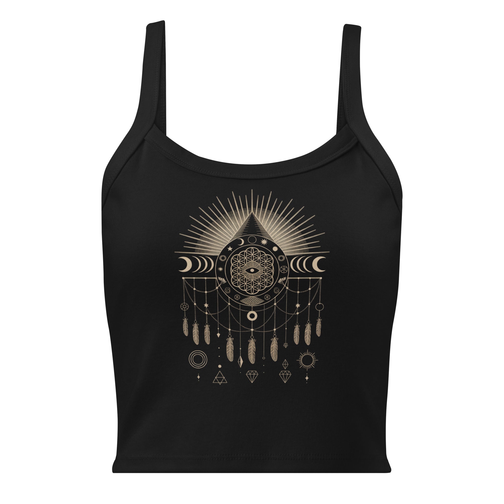 Débardeur unisexe noir avec mandala sacré, œil et plumes au recto, style spirituel minimaliste.