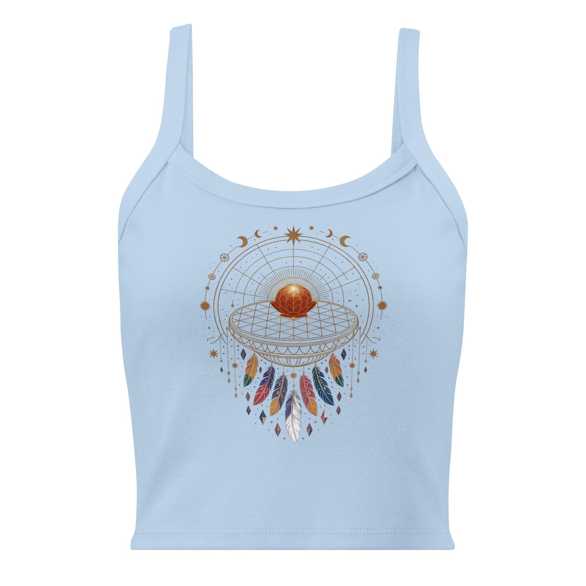 Débardeur unisexe bleu clair avec mandala solaire, plumes et étoiles au recto, style bohème spirituel.