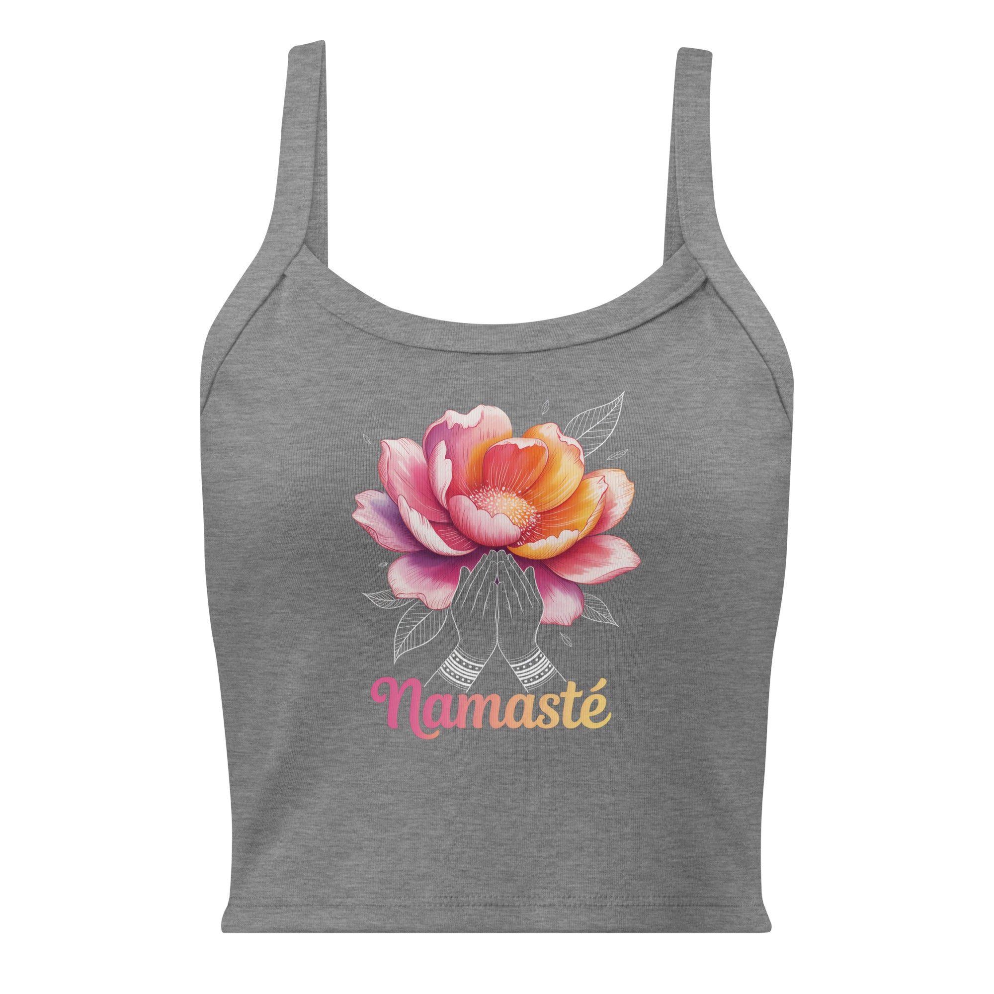 Débardeur gris avec design floral, mains en prière et texte "Namaste", style spirituel.