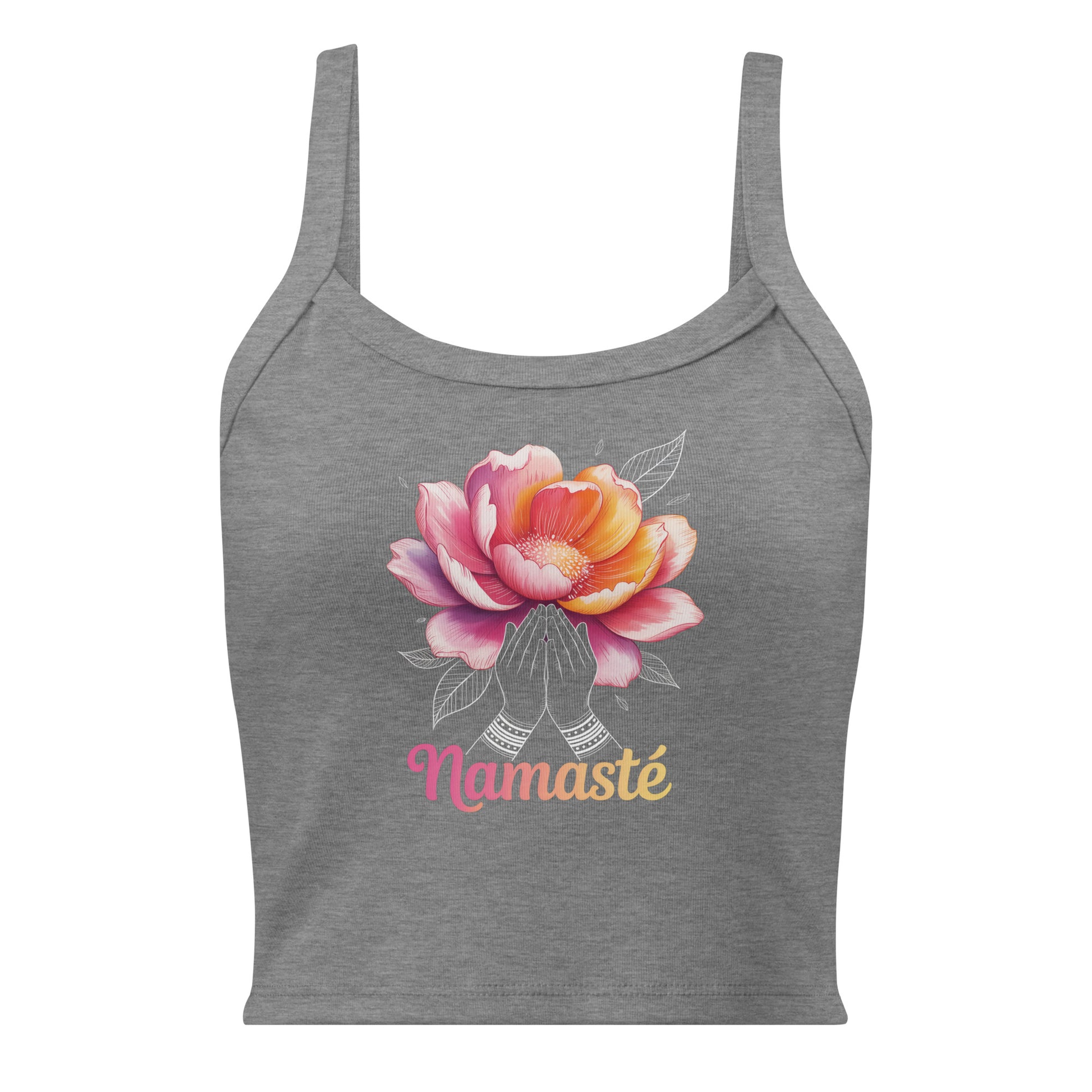 Débardeur gris avec design floral, mains en prière et texte "Namaste", style spirituel.