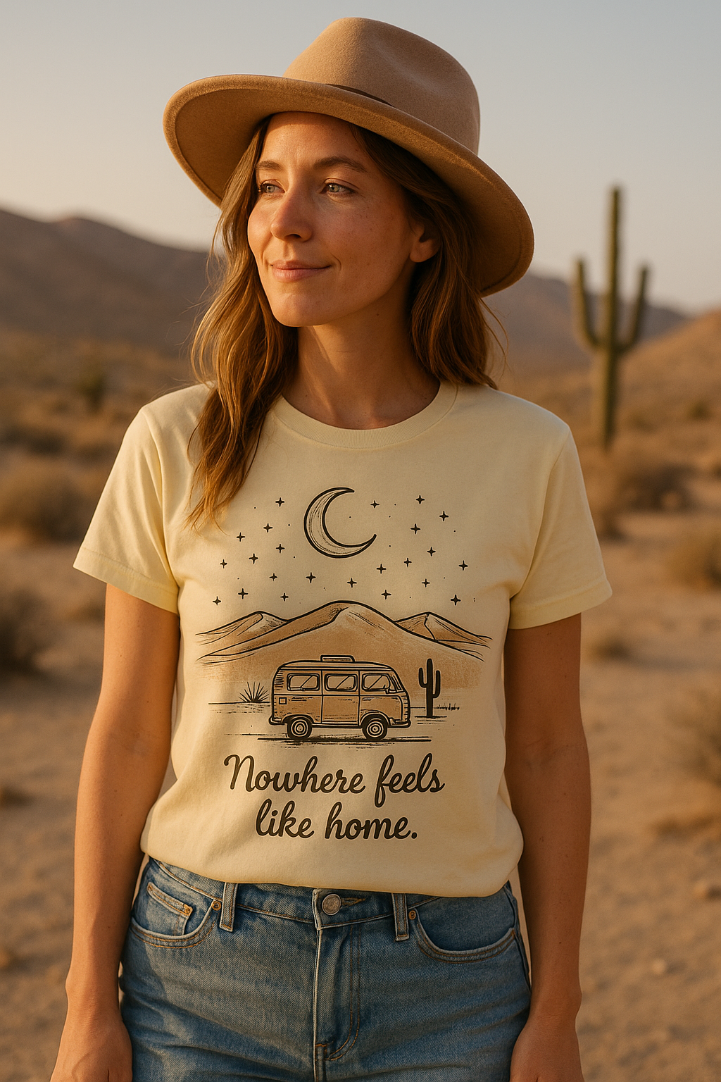Femme portant un t-shirt beige avec un van et l'inscription 'Nowhere feels like home' dans un désert avec cactus et montagnes