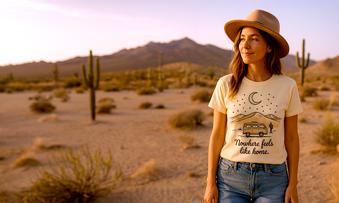 Femme portant un t-shirt beige avec un van et l'inscription 'Nowhere feels like home' dans un désert avec cactus et montagnes