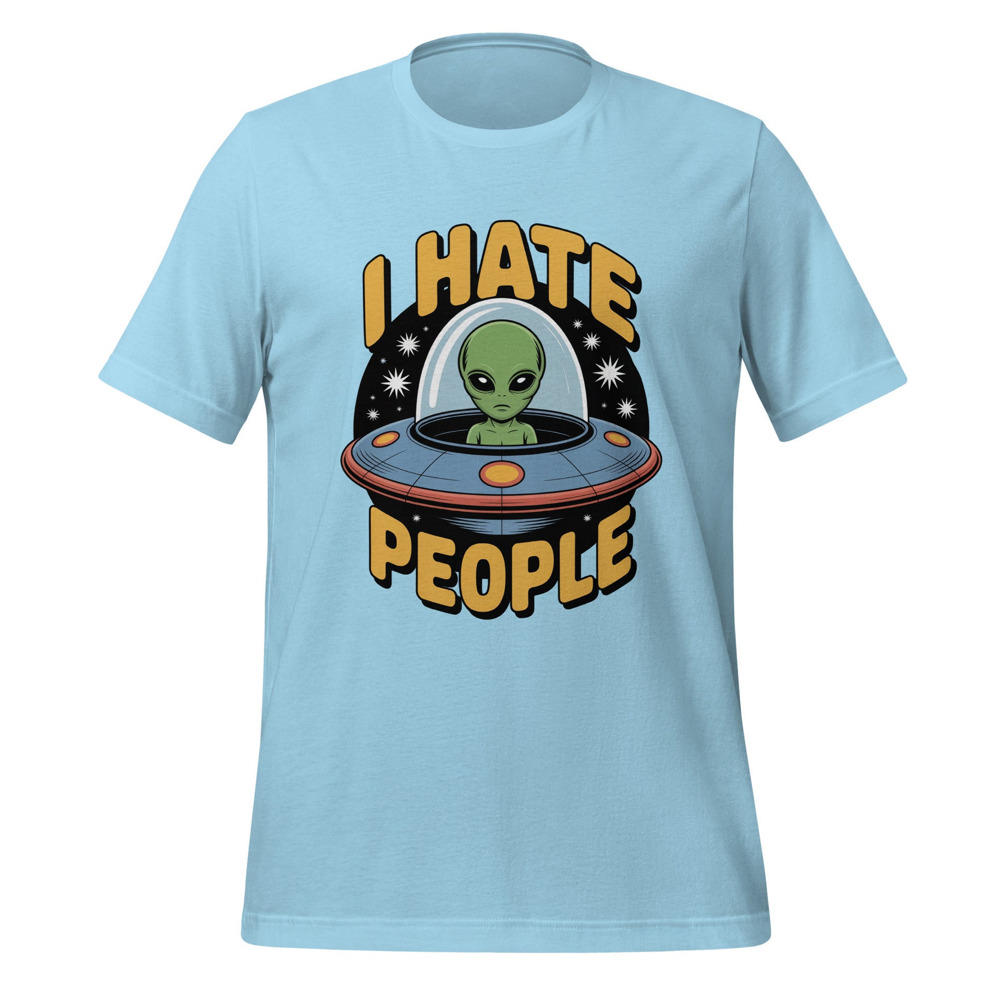 T-shirt unisexe bleu recto avec alien et "I HATE PEOPLE", style humoristique extraterrestre.
