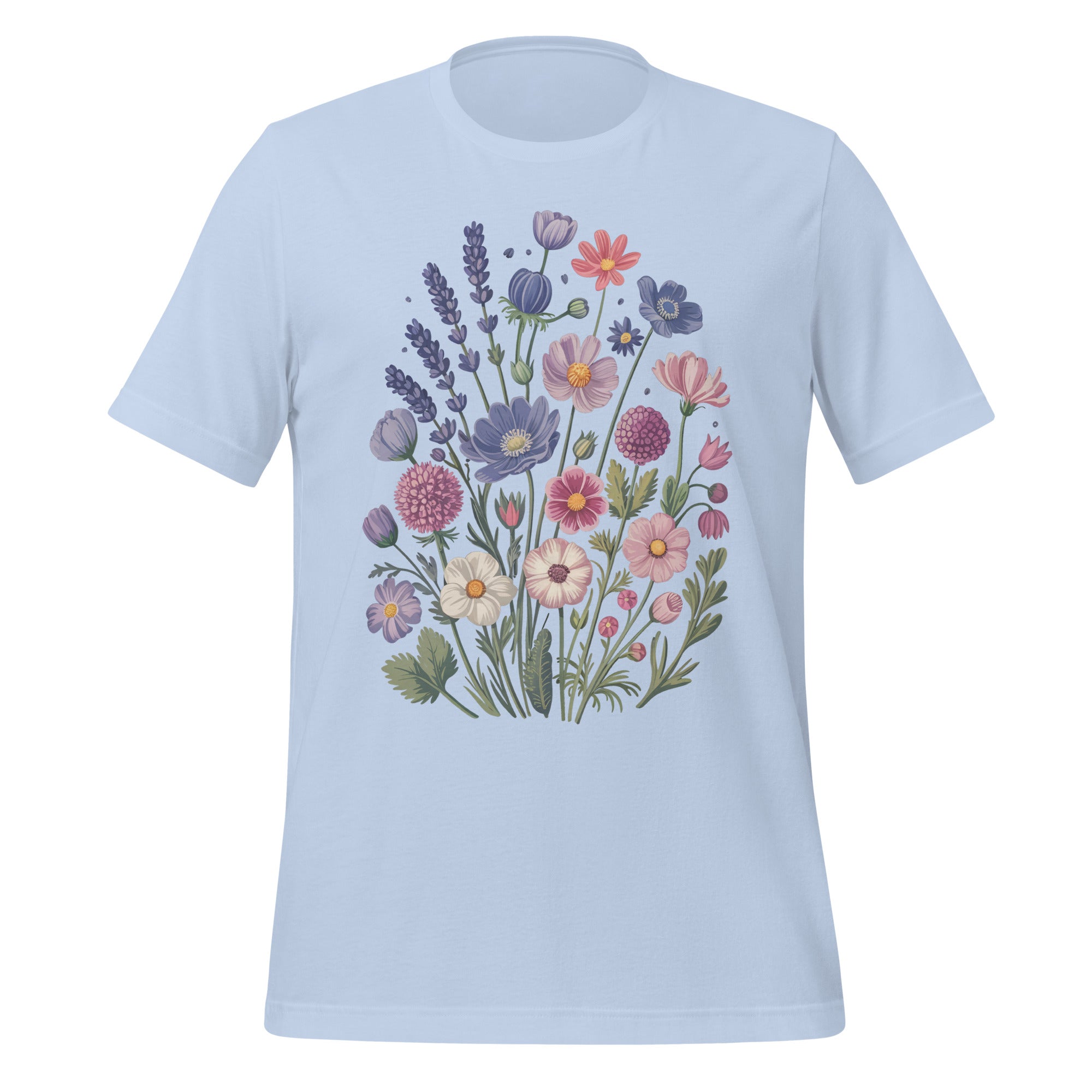 T-shirt unisexe bleu pâle avec un design vintage de bouquet de fleurs champêtres (lavandes, pivoines, marguerites roses, violettes, blanches), style bohème.