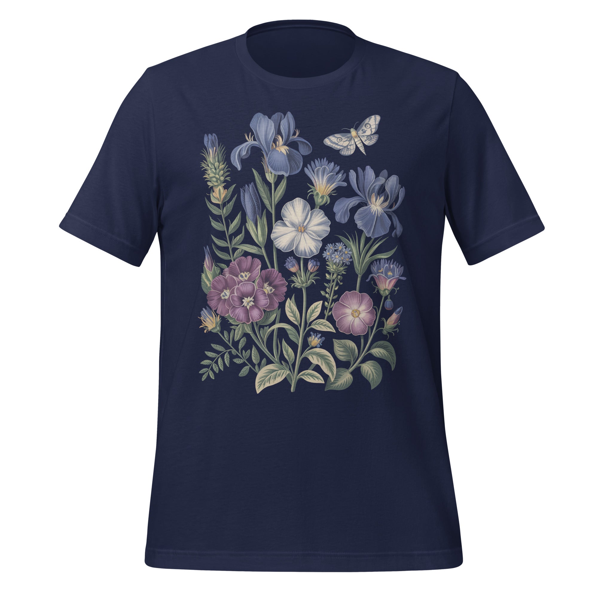 T-shirt unisexe bleu marine avec un design vintage de bouquet floral bleu et violet, comprenant des iris, des pivoines, un papillon blanc, style bohème.