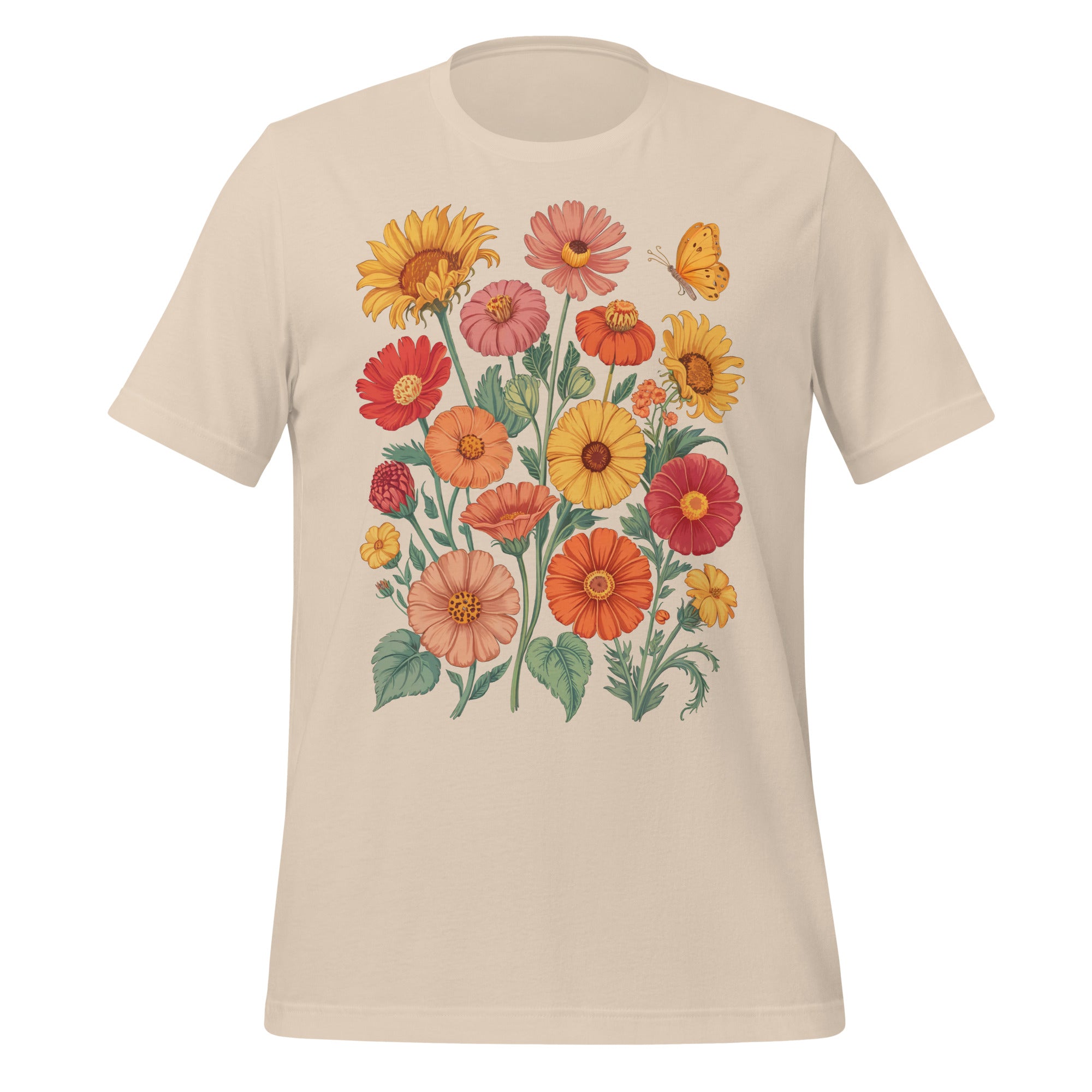 T-shirt unisexe beige avec un design vintage de bouquet floral coloré, comprenant des fleurs oranges, roses, jaunes et un papillon, style bohème.