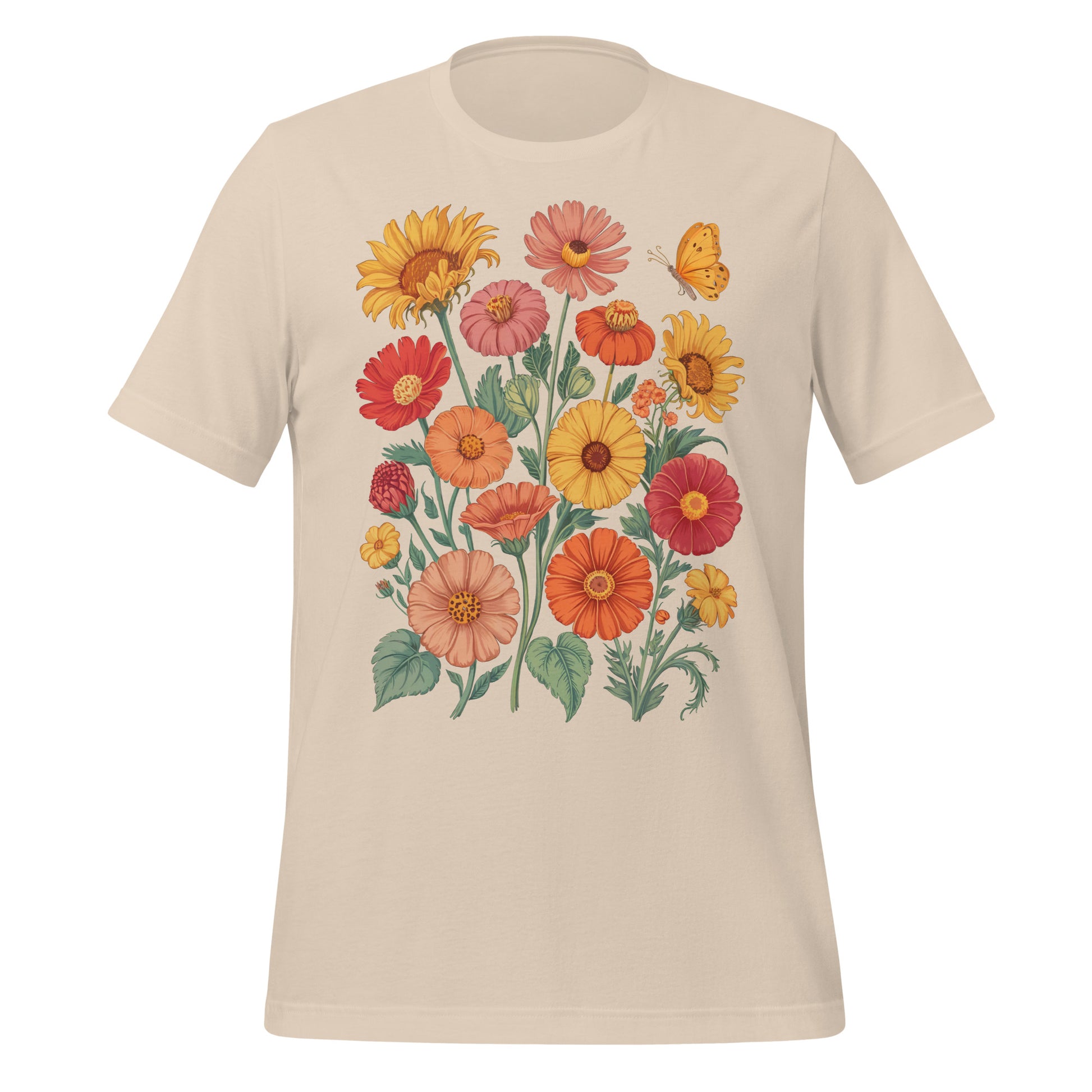 T-shirt unisexe beige avec un design vintage de bouquet floral coloré, comprenant des fleurs oranges, roses, jaunes et un papillon, style bohème.