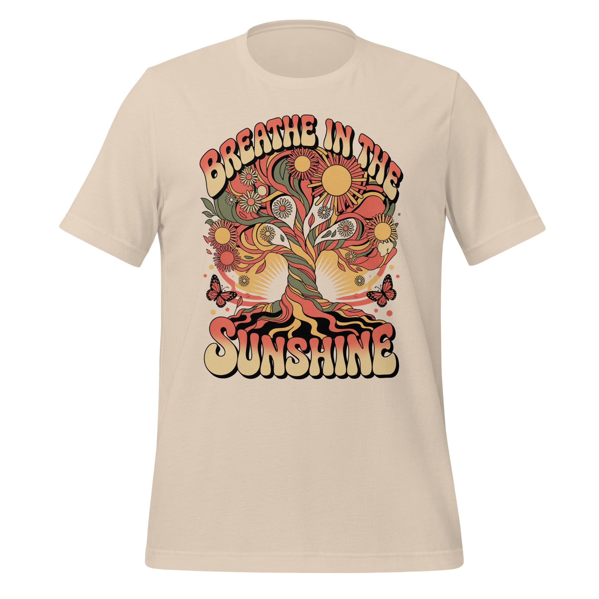 T-shirt unisexe beige avec un design rétro "Breathe in the Sunshine", arbre, fleurs et papillons multicolores, style bohème.