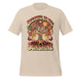 T-shirt unisexe beige avec un design rétro "Breathe in the Sunshine", arbre, fleurs et papillons multicolores, style bohème.