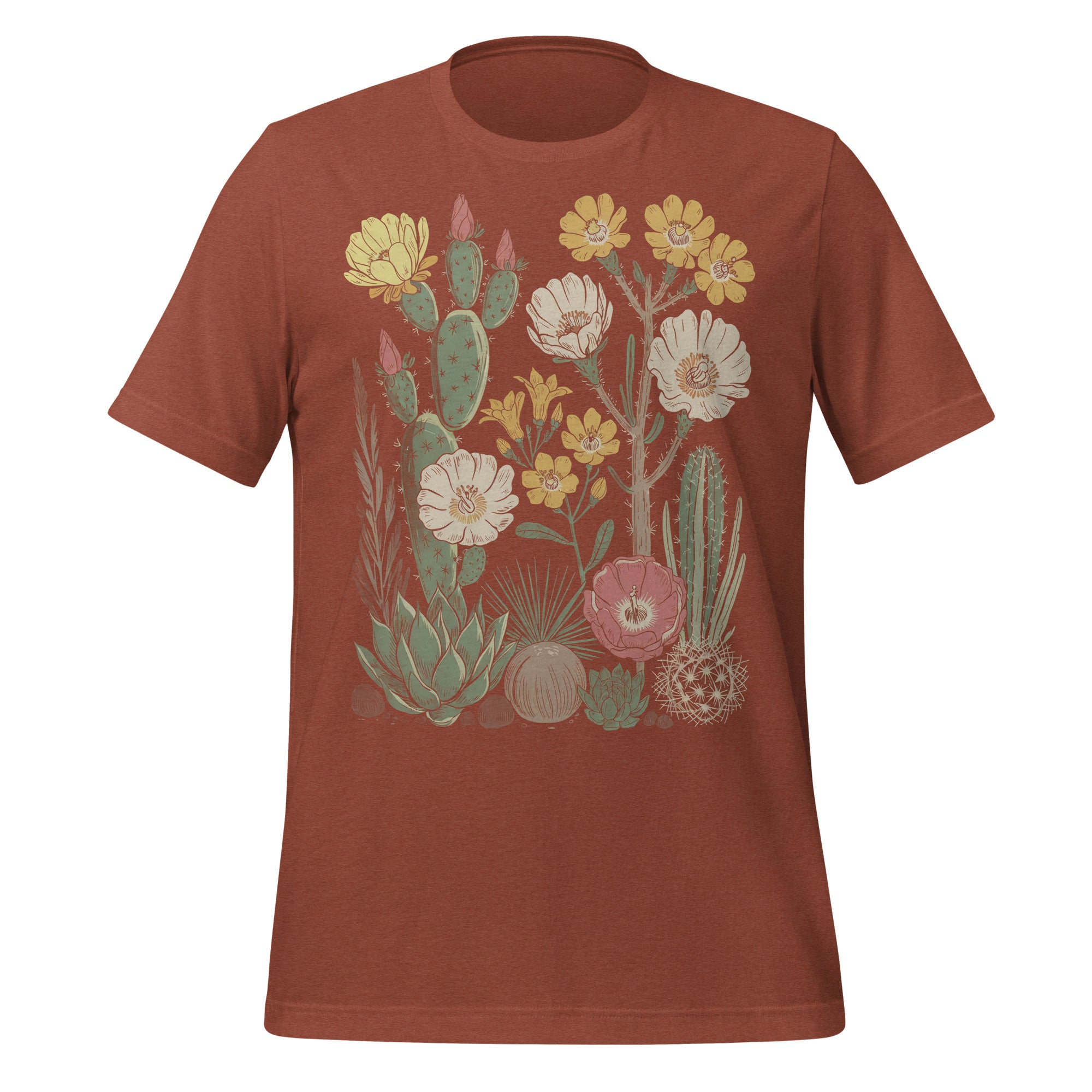 T-shirt unisexe rouge brique avec un design vintage de cactus et fleurs désertiques (blanches, roses, jaunes), style bohème.