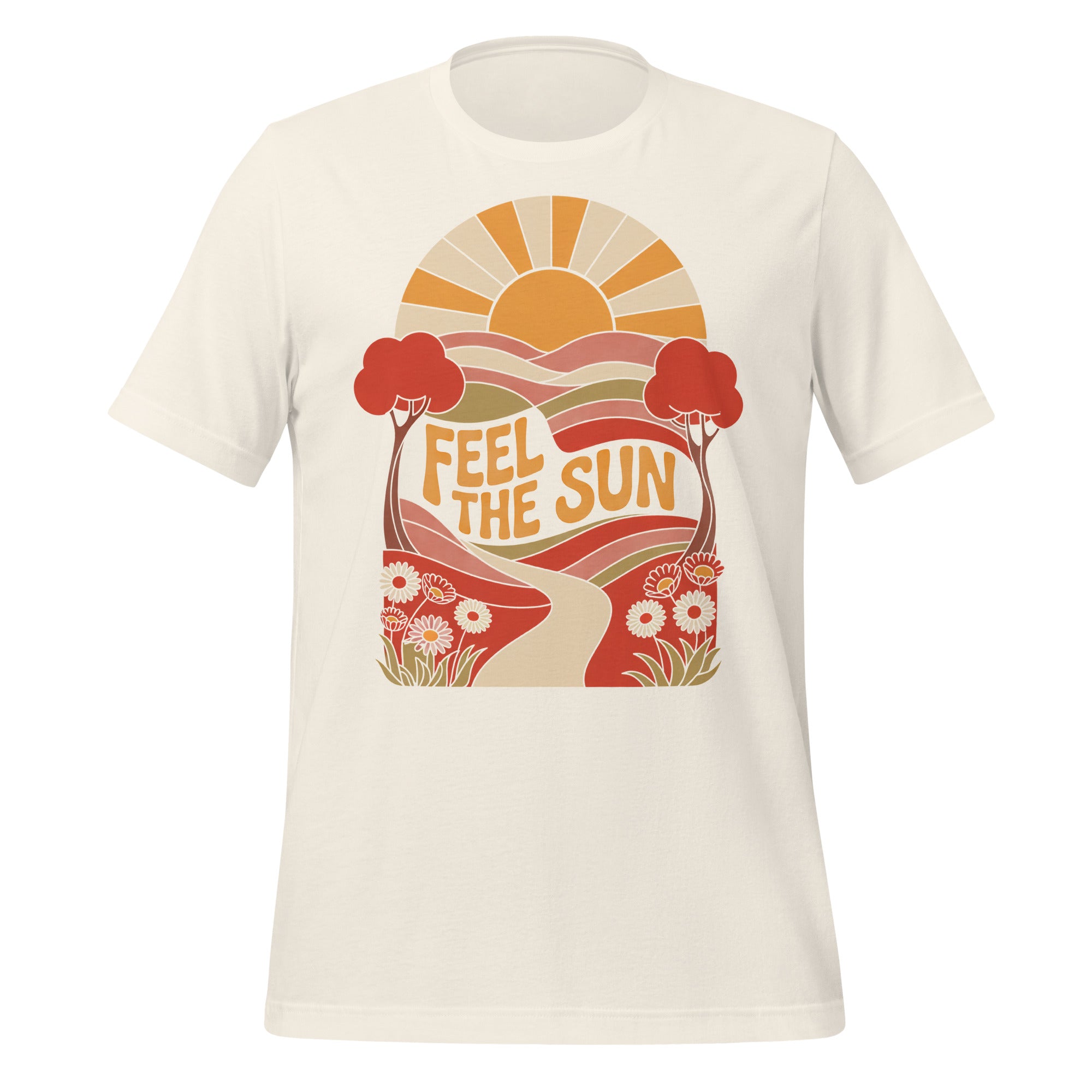 T-shirt unisexe blanc avec un design rétro "Feel the Sun", soleil, chemin coloré et fleurs, style bohème.