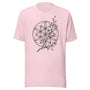 T-shirt unisexe rose pâle avec un design bohème d’une fleur de vie géométrique ornée de fleurs de sakura roses et blanches, style spirituel.