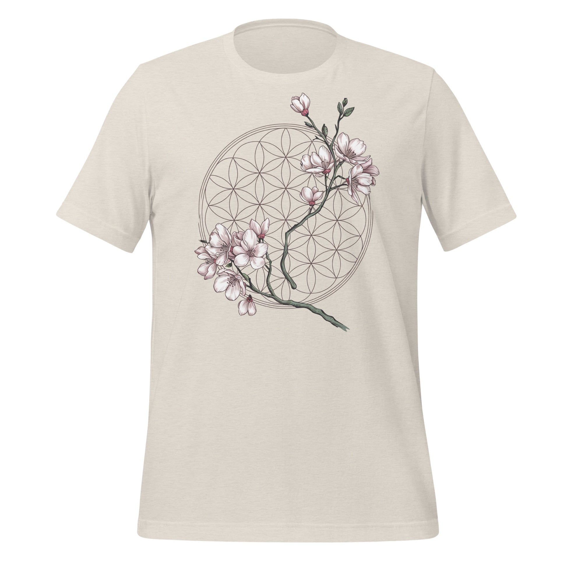 T-shirt unisexe beige avec un design bohème d’une fleur de vie géométrique ornée de fleurs de sakura blanches et roses, style spirituel.