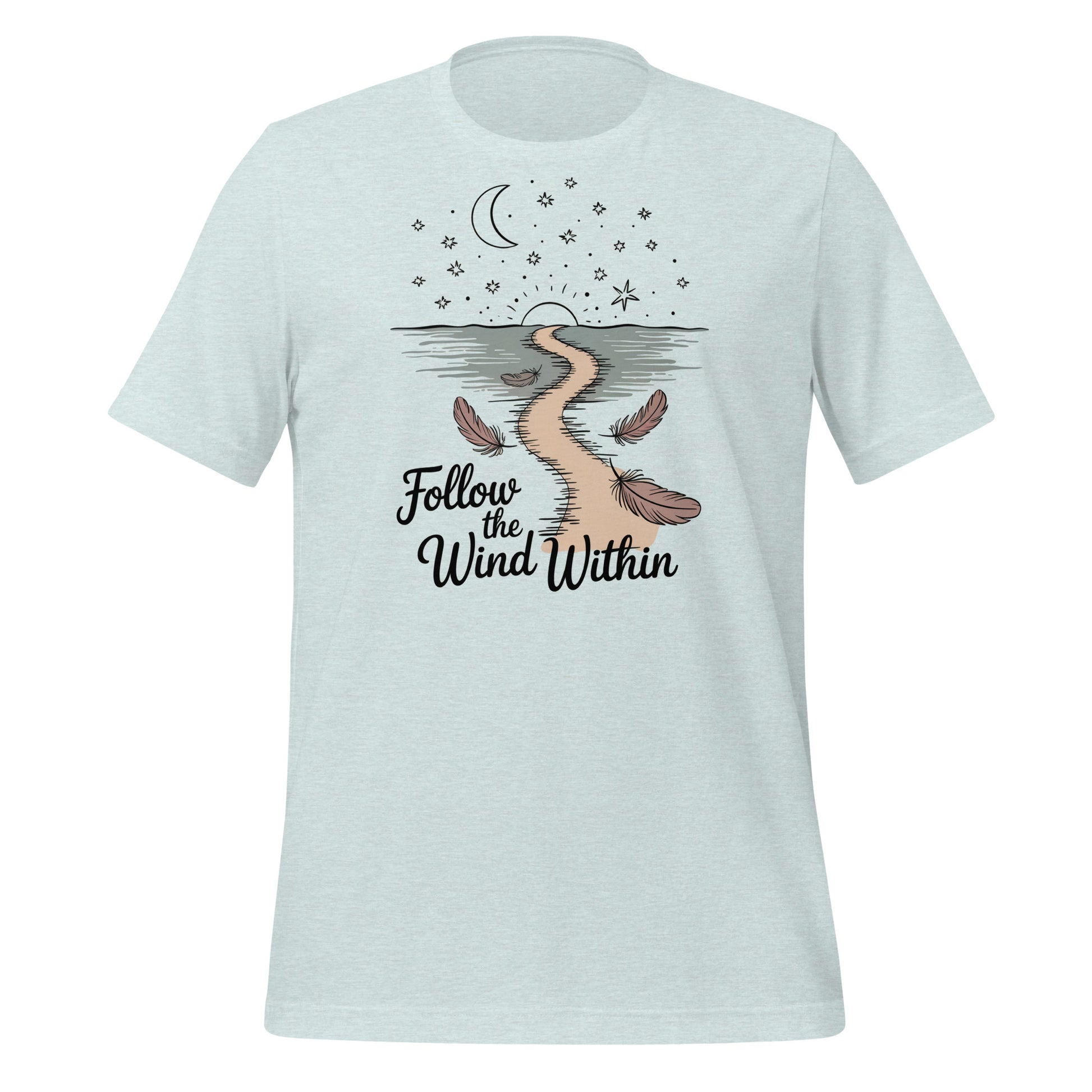 T-shirt unisexe bleu pâle avec un design bohème d’un chemin sinueux, une lune croissante, des plumes, des étoiles et le texte "Follow the Wind Within".