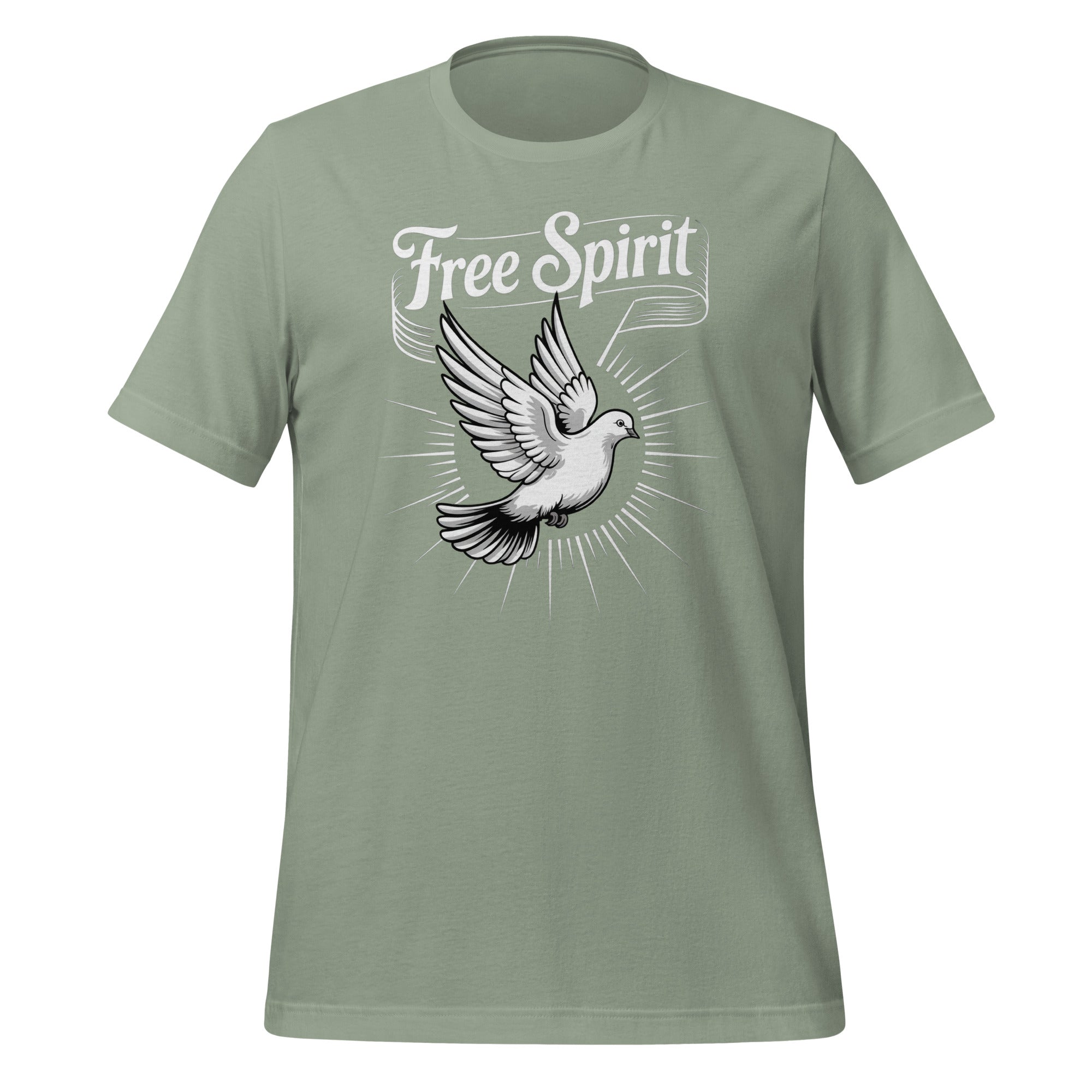 T-shirt unisexe vert avec un design spirituel "Free Spirit", colombe en vol et rayons, style minimaliste.
