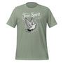 T-shirt unisexe vert avec un design spirituel "Free Spirit", colombe en vol et rayons, style minimaliste.