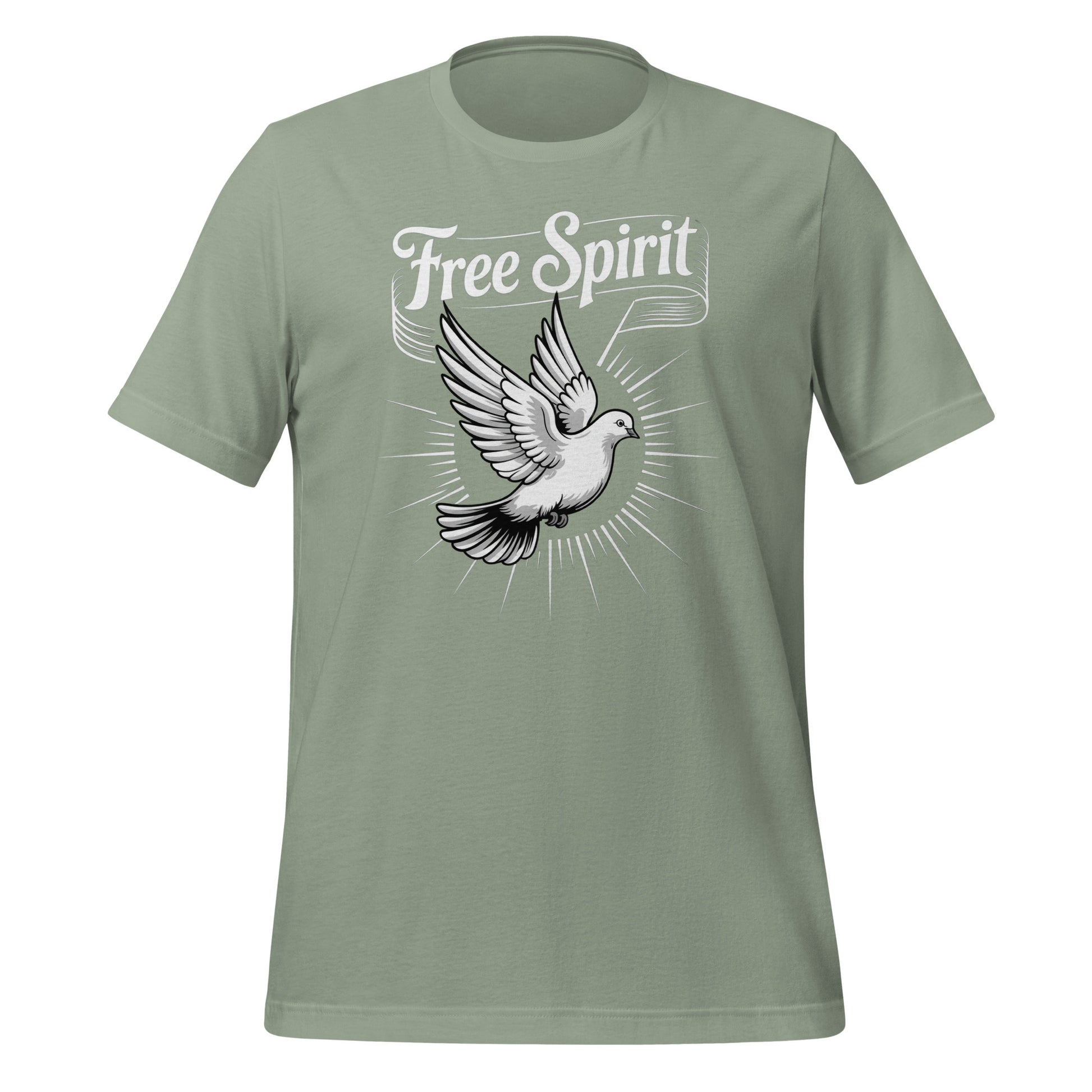 T-shirt unisexe vert avec un design spirituel "Free Spirit", colombe en vol et rayons, style minimaliste.