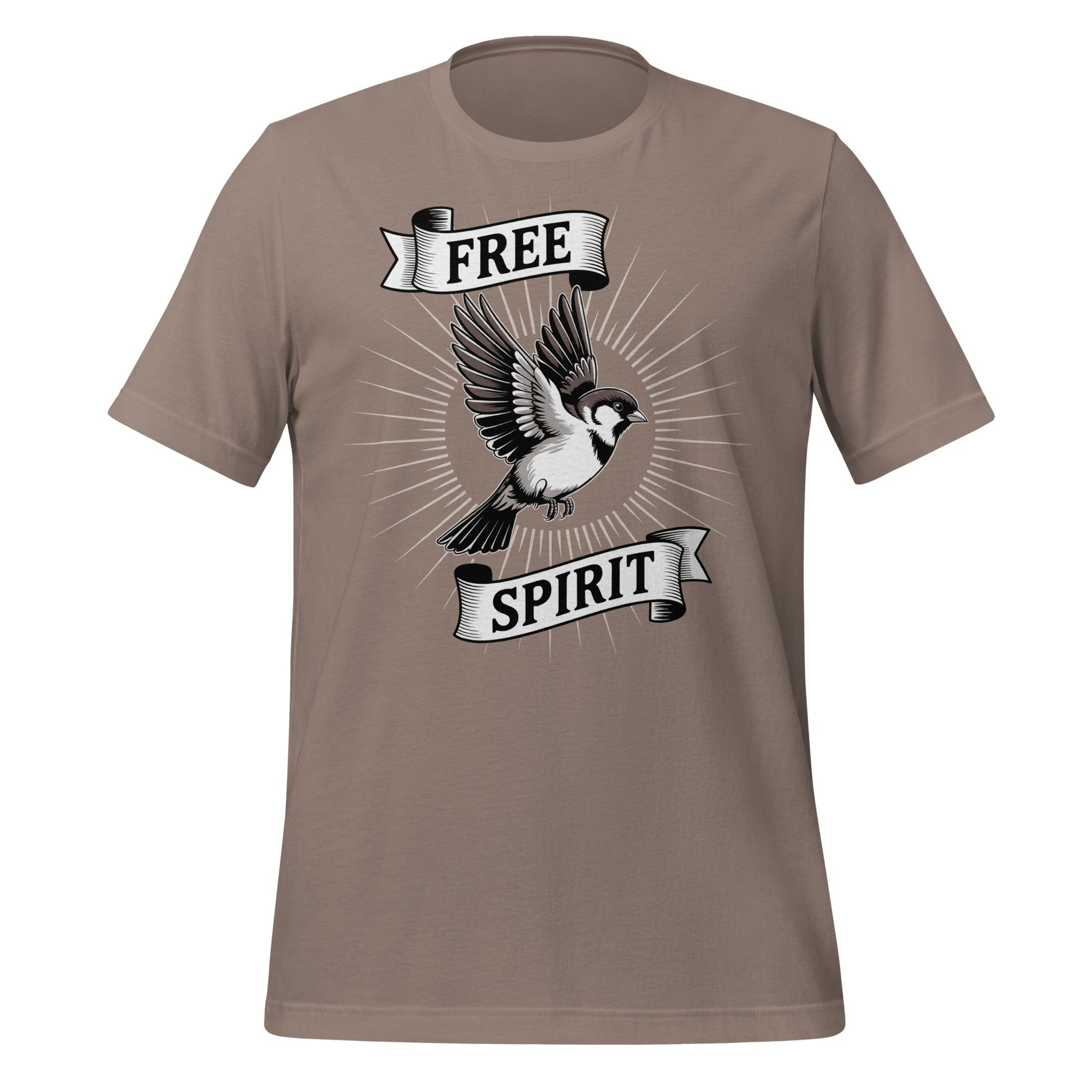 T-shirt unisexe beige avec un design spirituel "Free Spirit", oiseau en vol et rayons, style minimaliste.