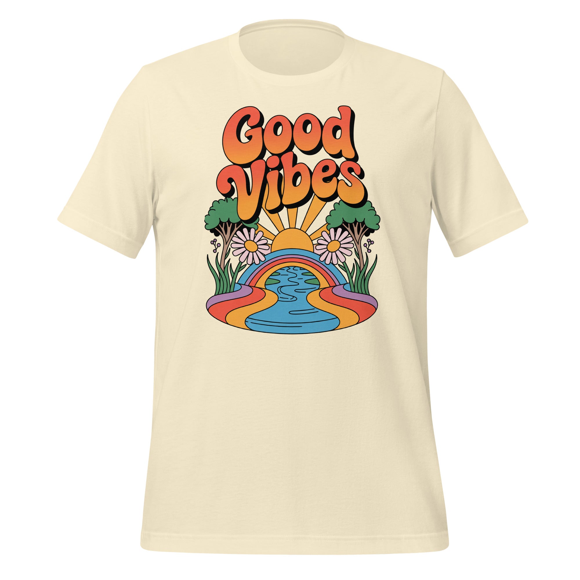 T-shirt unisexe beige avec un design rétro "Good Vibes", soleil, arc-en-ciel multicolore et fleurs, style bohème.