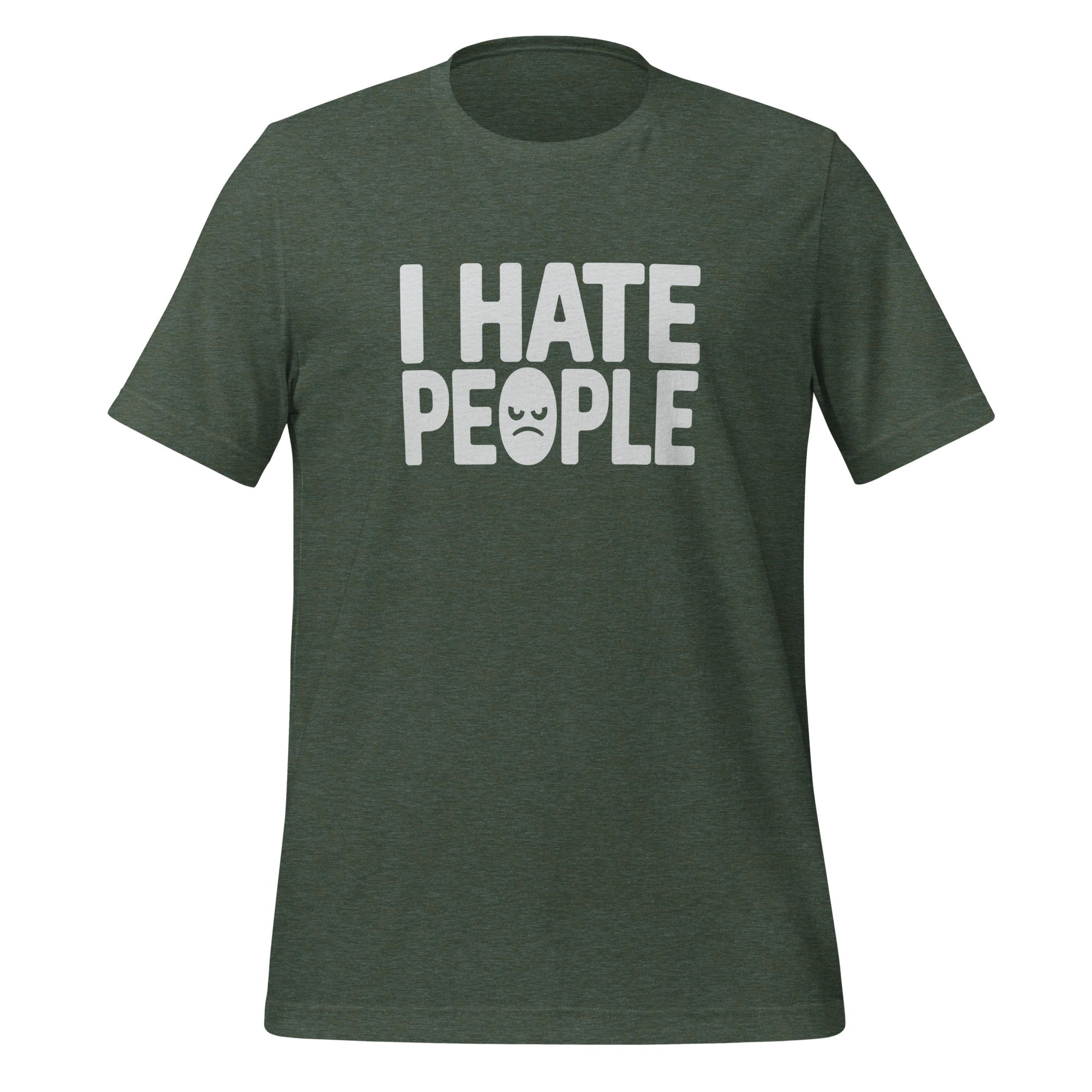 T-shirt unisexe vert humoristique "I Hate People" avec emoji visage triste, idéal pour introvertis.