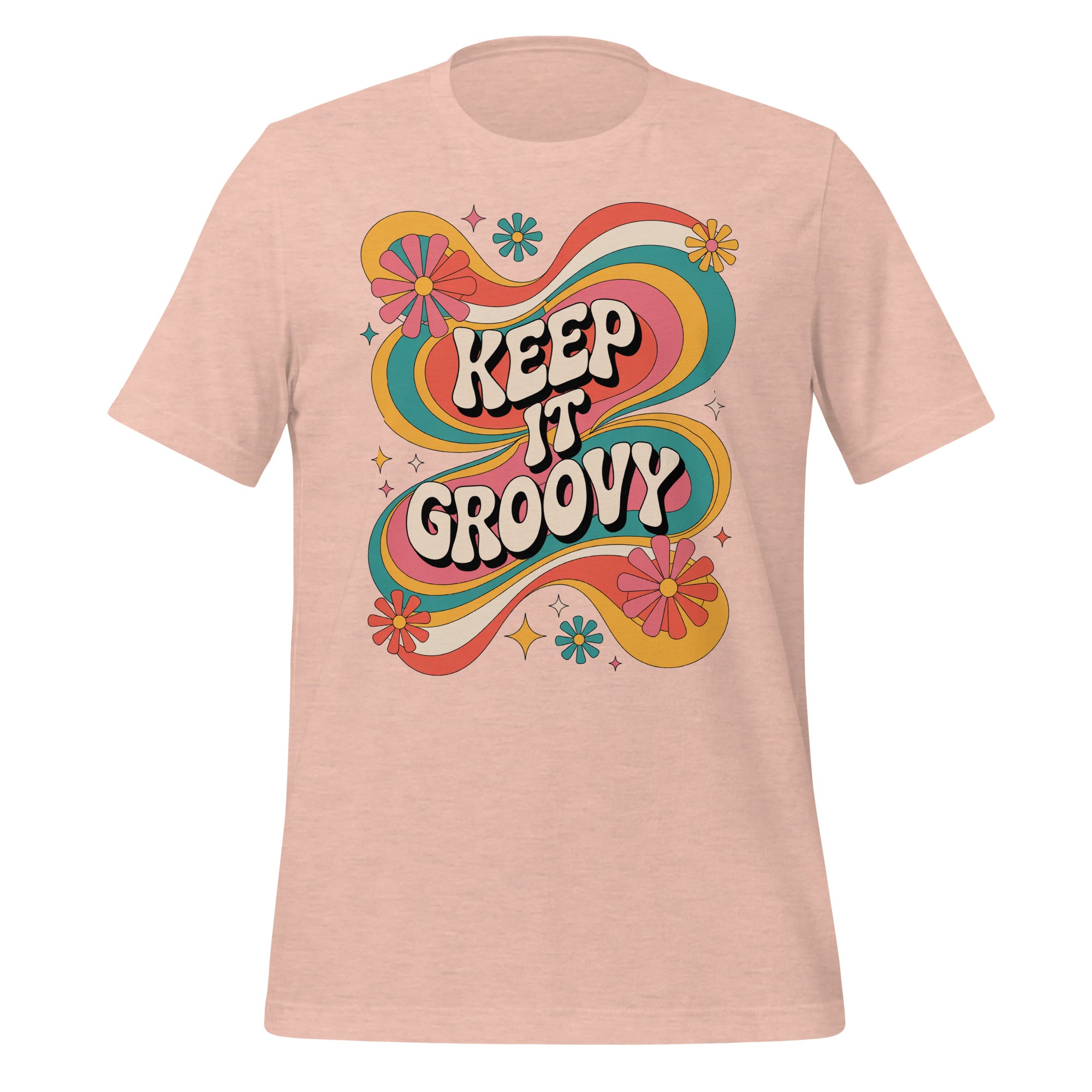 T-shirt unisexe rose pâle avec un design rétro "Keep it Groovy", motifs floraux multicolores (rose, jaune, bleu), style bohème.