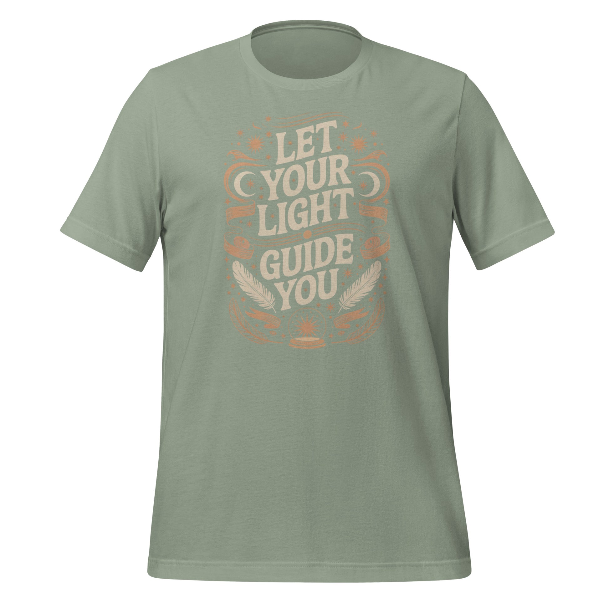 T-shirt unisexe avec un design spirituel affichant le texte "Let Your Light Guide You" (lettres blanches) entouré de motifs bohèmes (soleils, lunes, étoiles, plumes) beige et orangés.