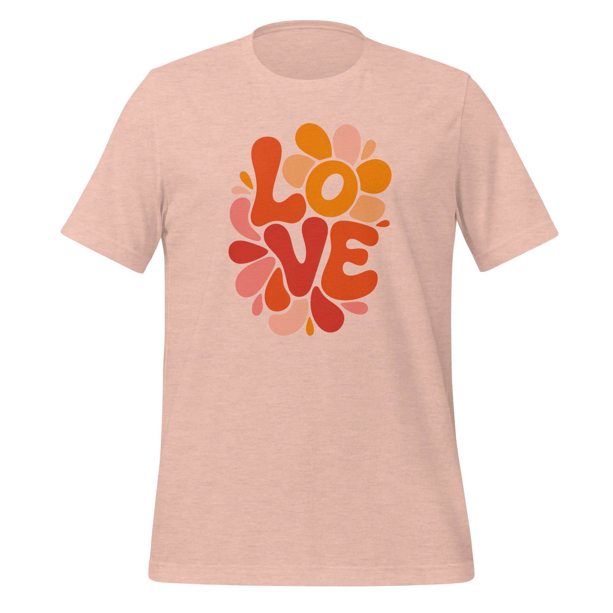 T-shirt unisexe rose pâle avec un design rétro "Love" et motifs floraux multicolores (orange, rose, rouge), style bohème.