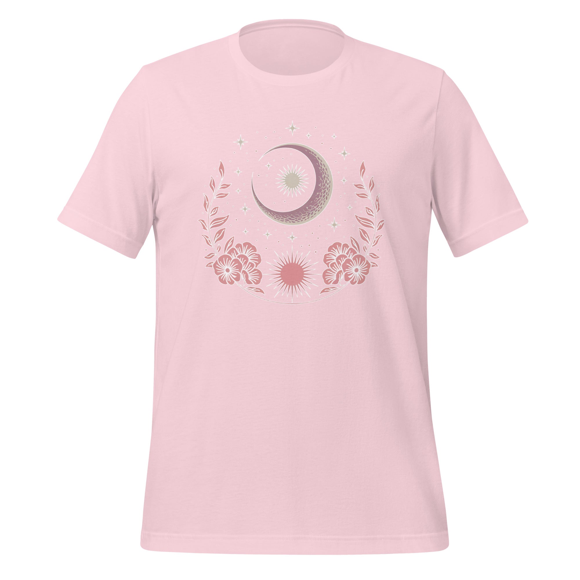T-shirt unisexe rose pâle avec un design bohème, lune et soleil entourés de fleurs, style spirituel.