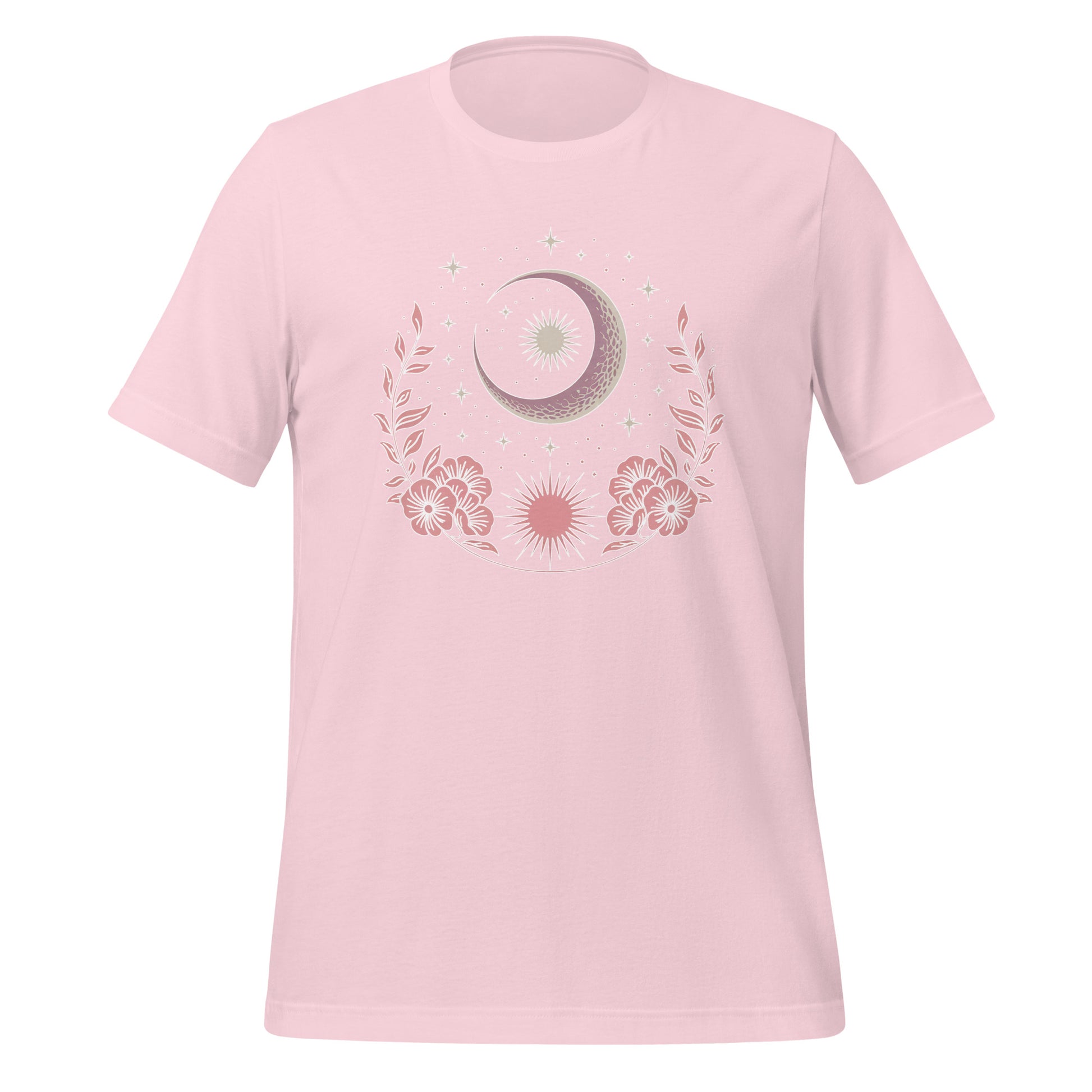 T-shirt unisexe rose pâle avec un design bohème, lune et soleil entourés de fleurs, style spirituel.