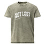 T-shirt unisexe gris recto-verso avec "Not Lost" au recto et "Just Wandering" avec paysage au verso, style aventure.