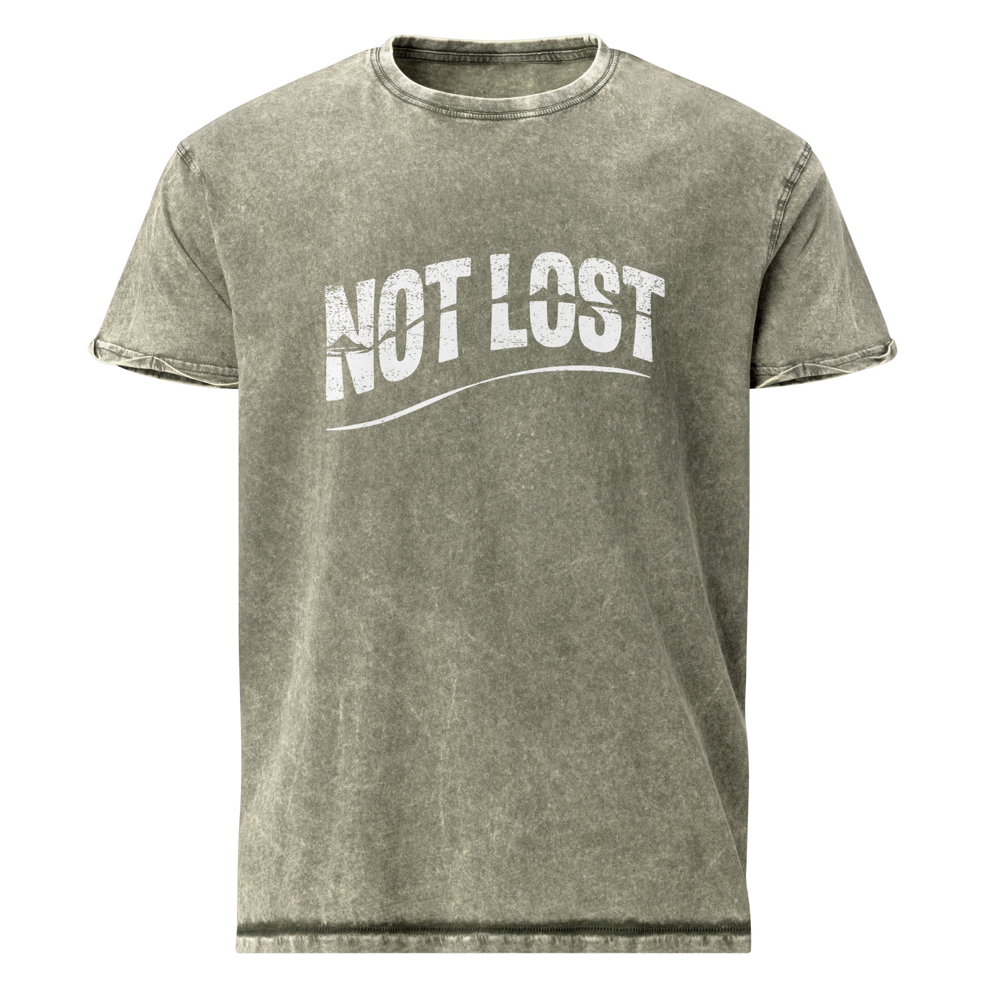 T-shirt unisexe gris recto-verso avec "Not Lost" au recto et "Just Wandering" avec paysage au verso, style aventure.