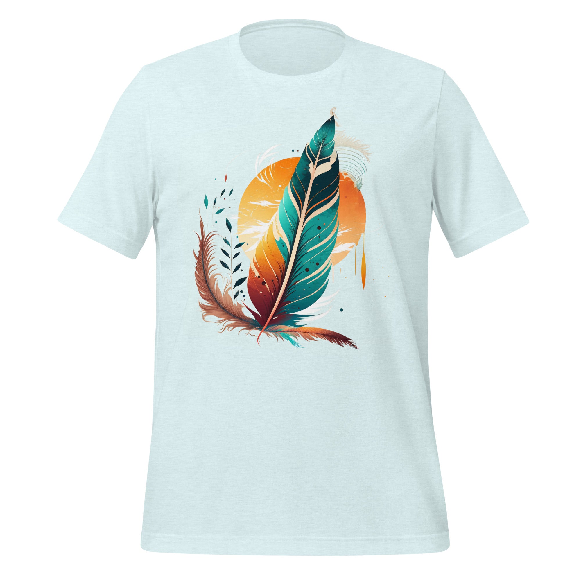 T-shirt unisexe bleu clair avec un design spirituel de plume multicolore et soleil, style nature et artistique.