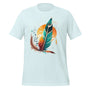 T-shirt unisexe bleu clair avec un design spirituel de plume multicolore et soleil, style nature et artistique.