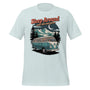 T-shirt unisexe blanc avec un design rétro "Sleep Around", van vintage, montagnes et lune, style aventure.