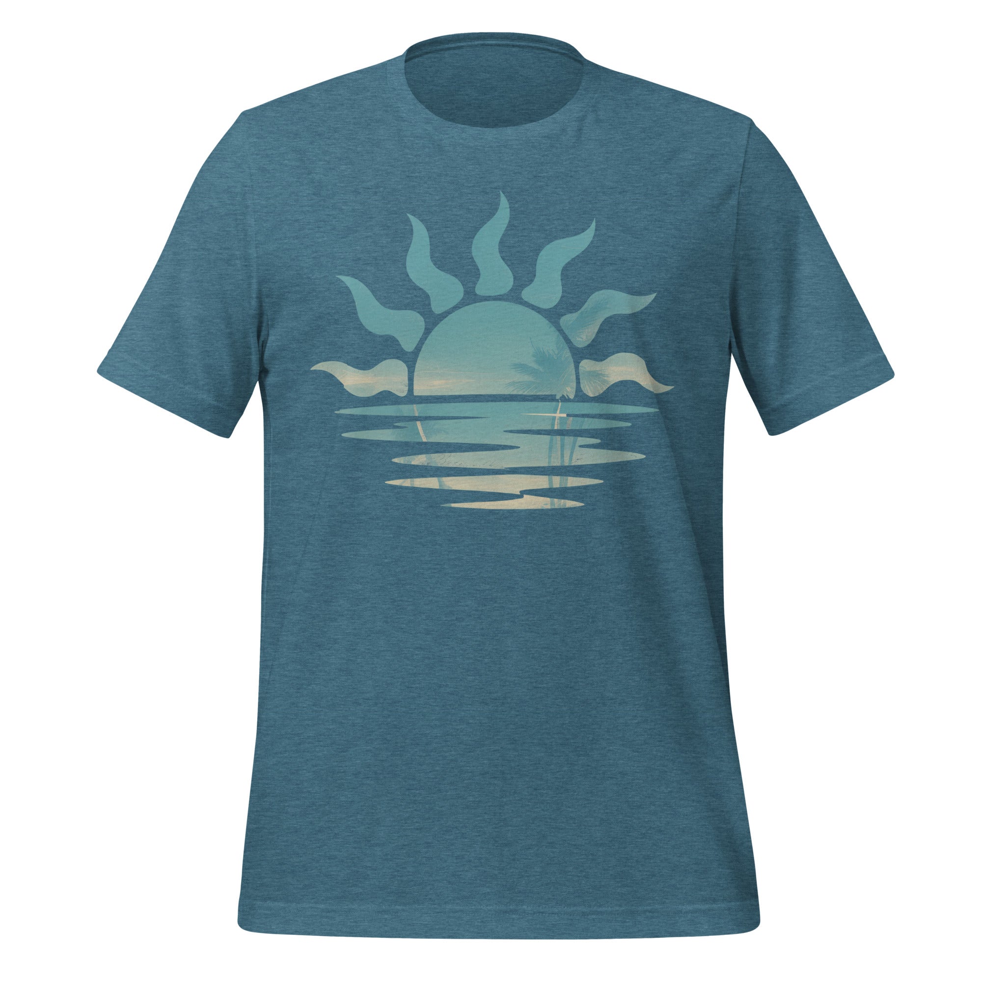 T-shirt unisexe bleu avec un design minimaliste de soleil couchant sur la mer, style nature et sérénité.