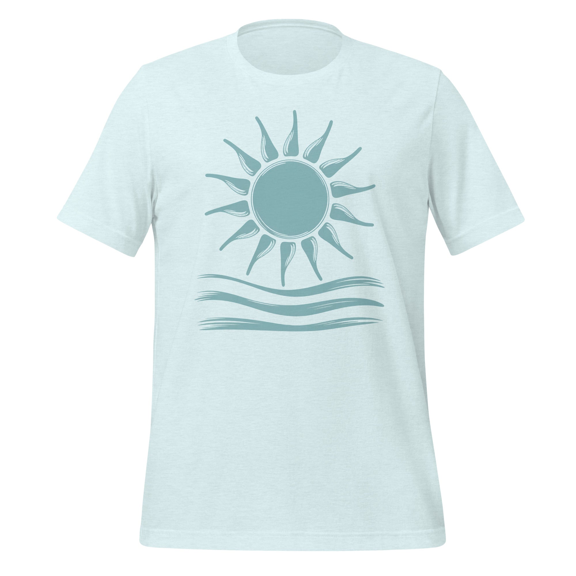 T-shirt unisexe bleu clair avec un design minimaliste, soleil et ondes d'eau, style épuré.