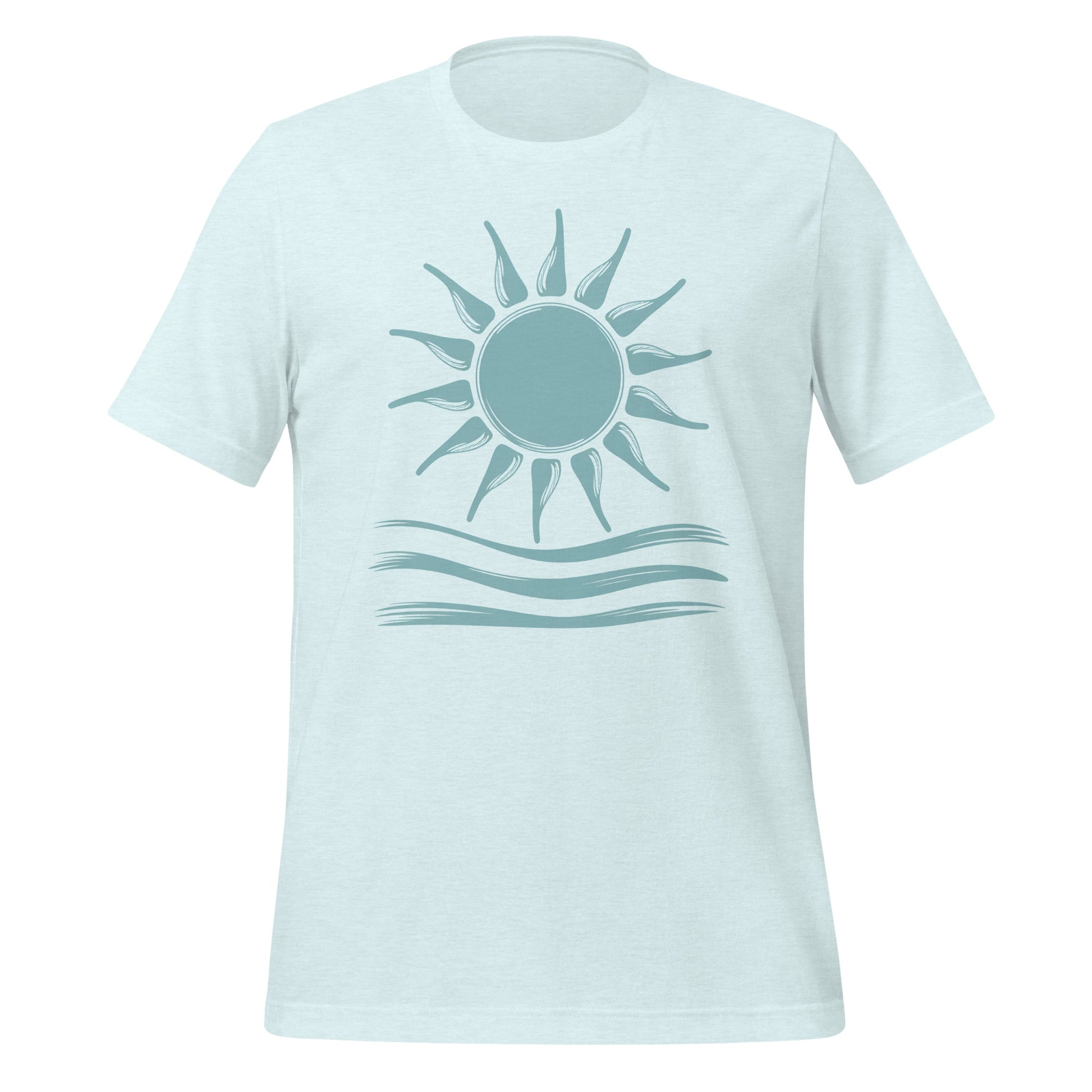 T-shirt unisexe bleu clair avec un design minimaliste, soleil et ondes d'eau, style épuré.