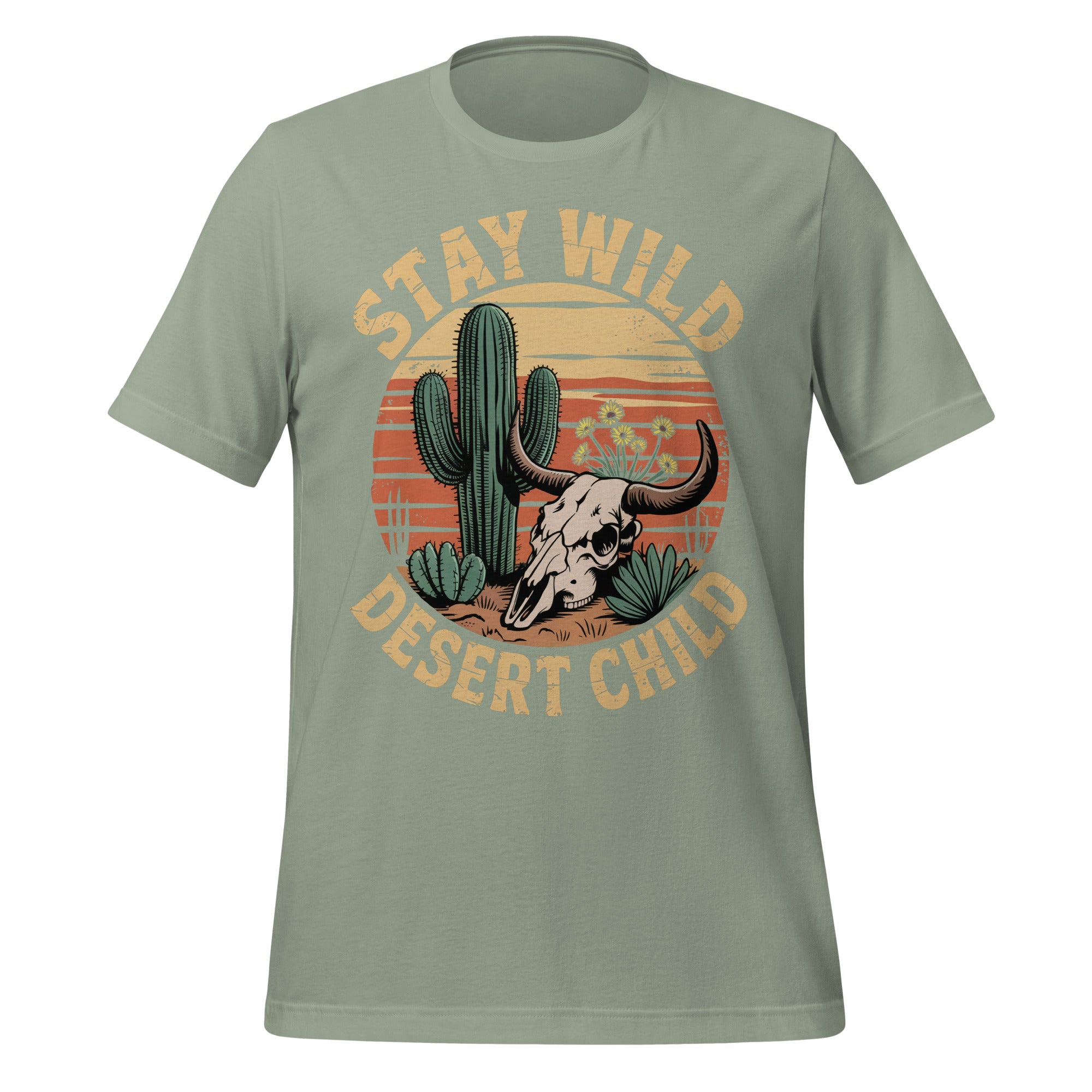 T-shirt unisexe vert avec un design western "Stay Wild Desert Child", crâne de taureau, cactus et coucher de soleil, style rétro.