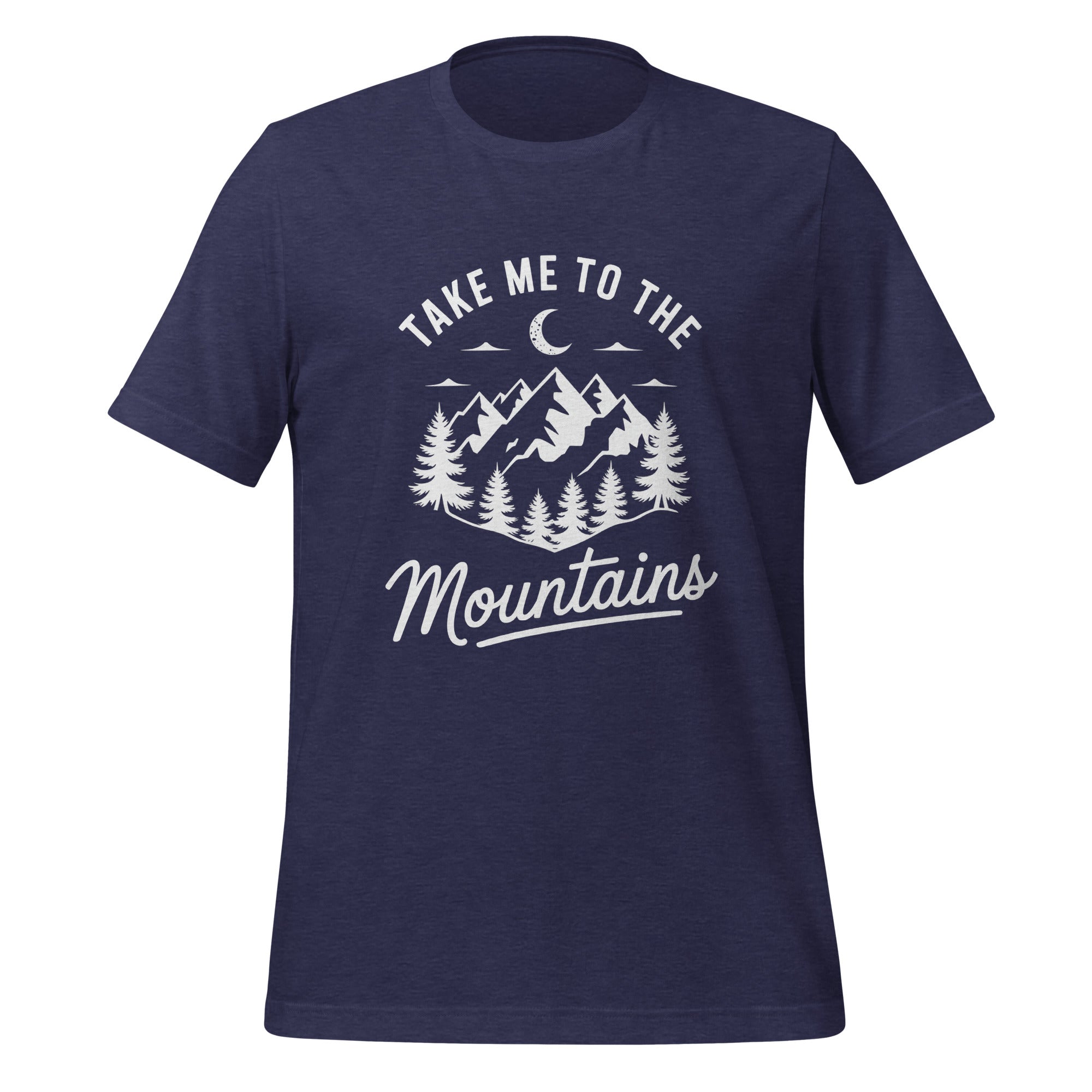 T-shirt unisexe bleu marine avec un design nature "Take Me to the Mountains", montagnes, arbres et lune, style aventure.